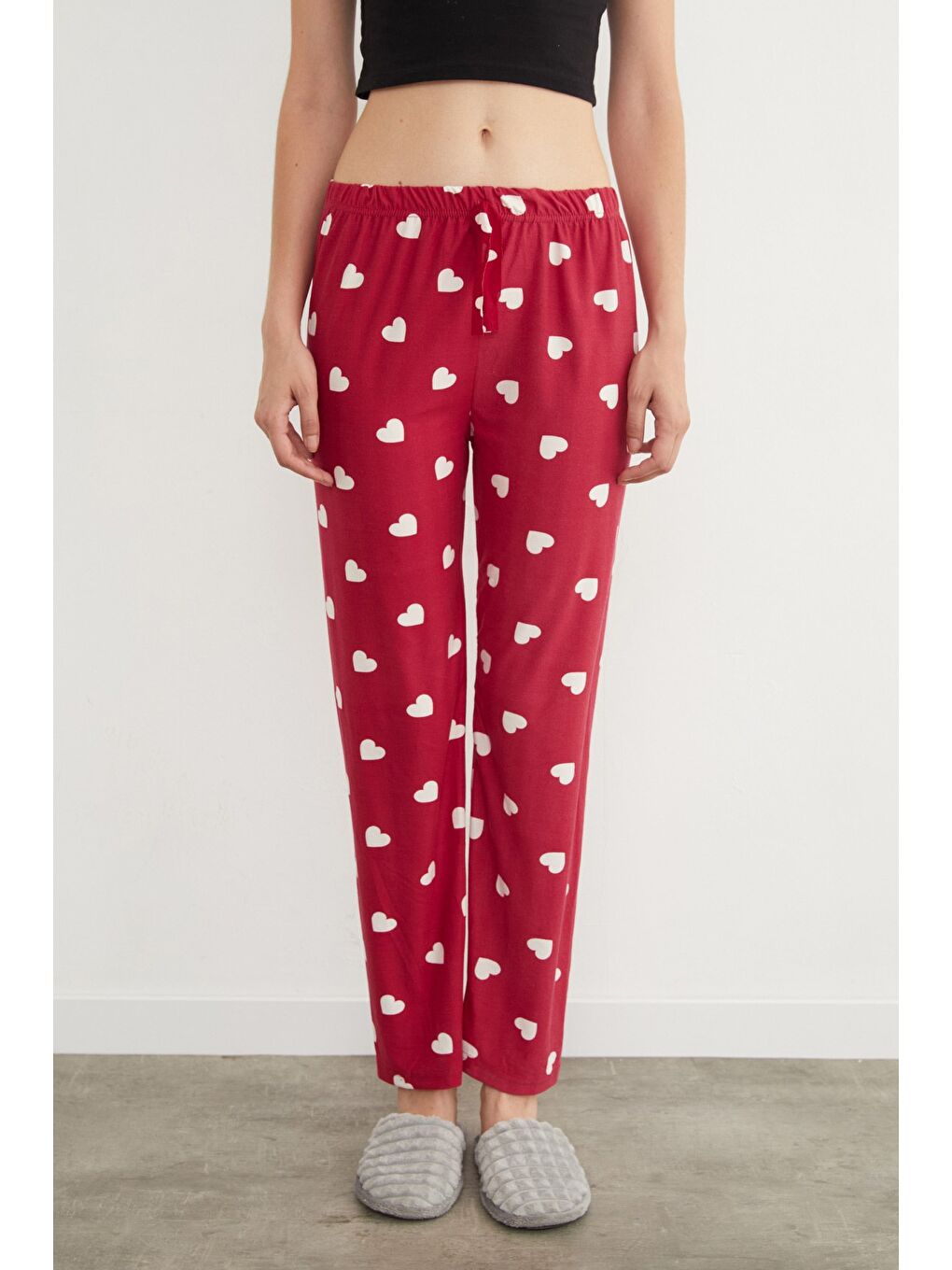 Bordo Kalp Desenli Süet Pijama Altı-1