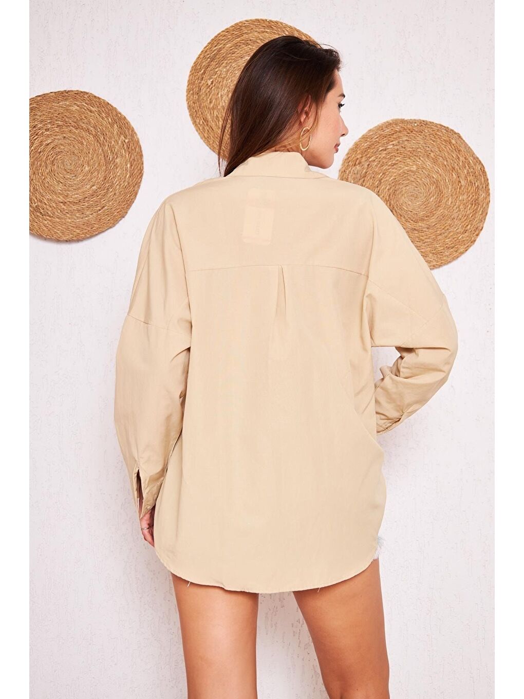 Ekru Kadın Oversize Uzun Basic Krem Gömlek-5