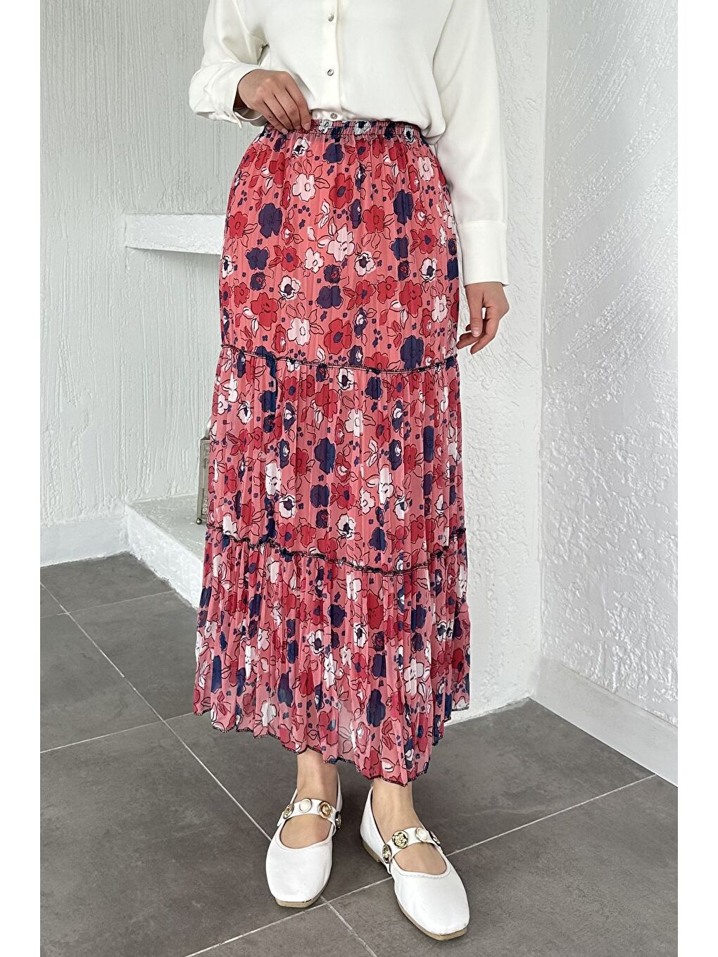 Pembe Bel Lastikli Desenli Şifon Tesettür Etek-2