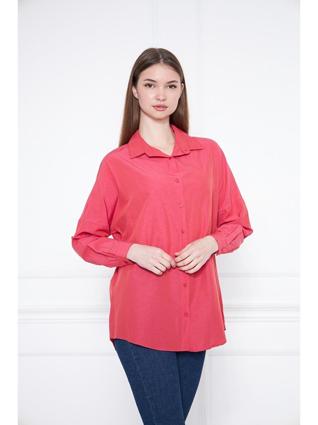 Kırmızı Kadın Oversize Uzun Basic Nar Gömlek-2
