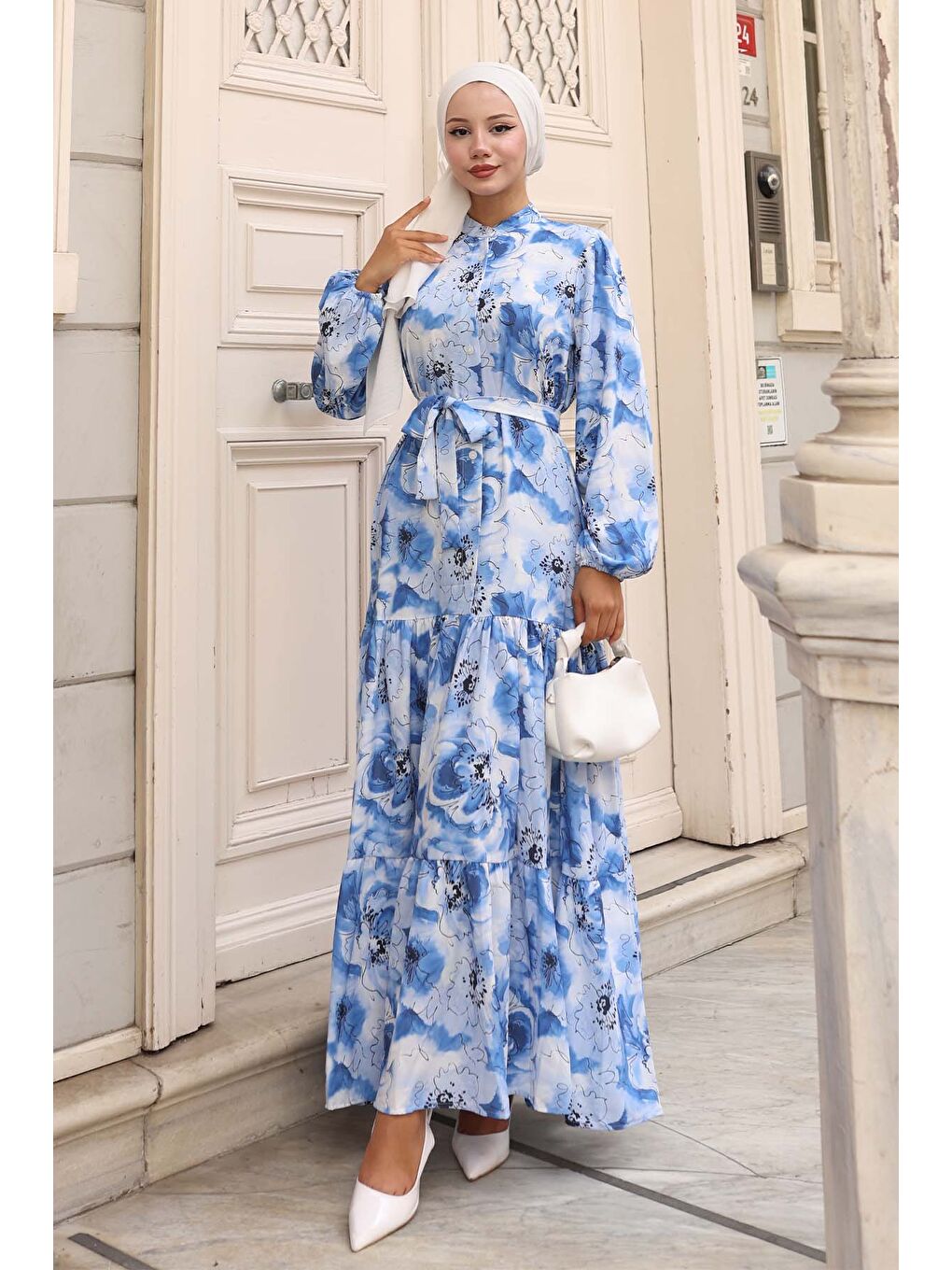 Kadın Desenli Uzun Tesettür Elbise 2586 - Mavi
