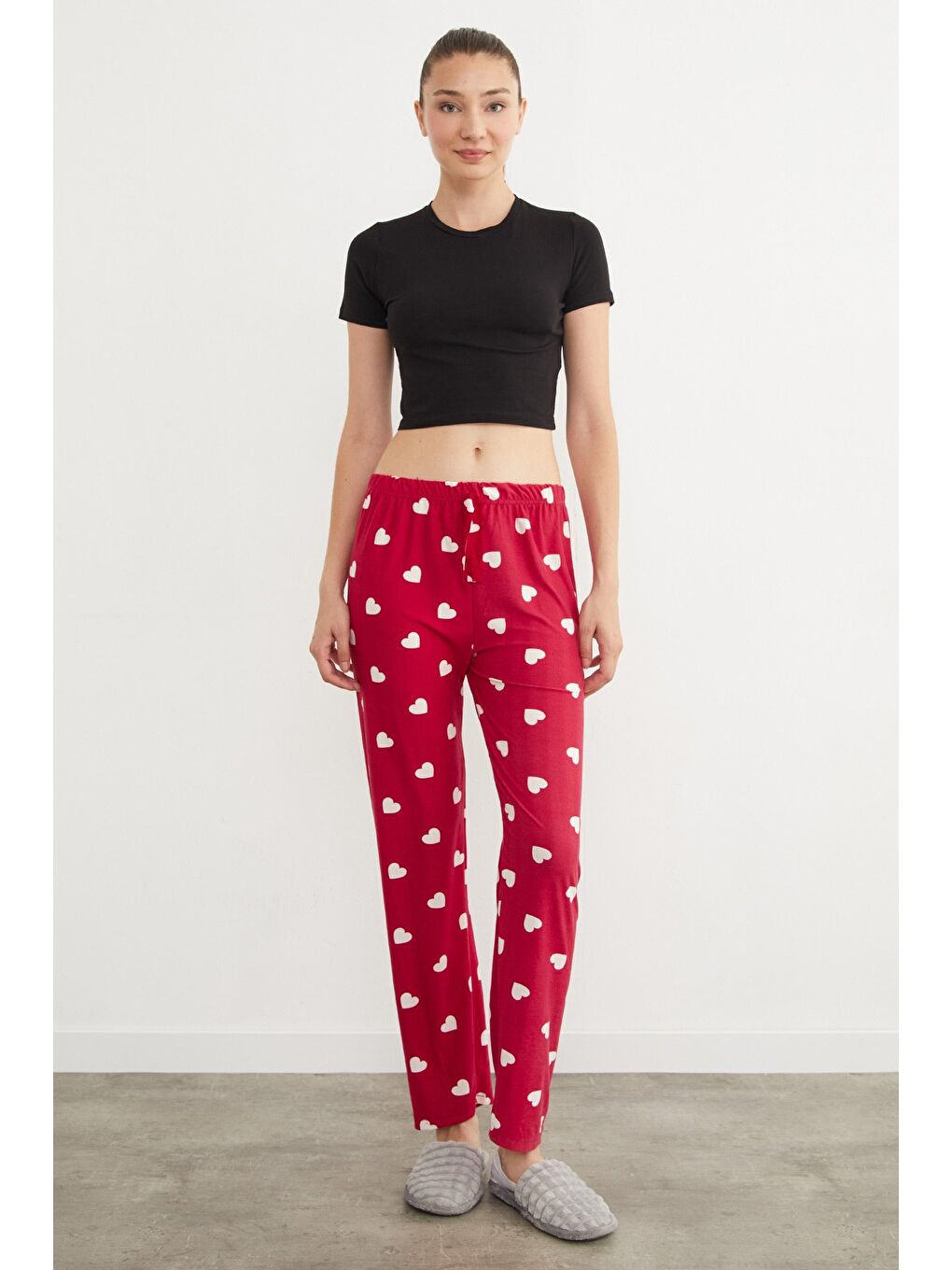 Bordo Kalp Desenli Süet Pijama Altı-2