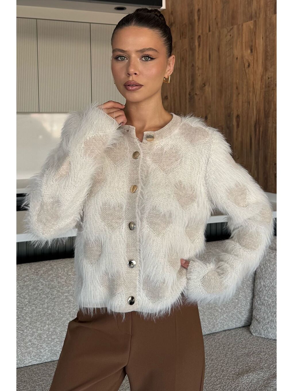 Bej Kadın Ön Düğmeli Sakallı Triko Ceket (s-m-l Uyumludur)-1