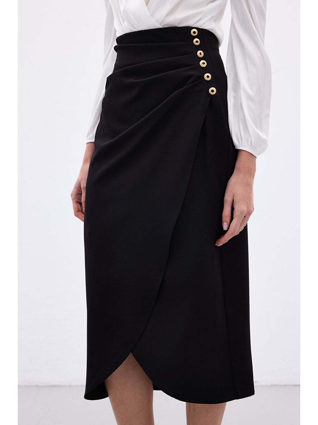Düğme Detaylı Kalem Etek - Siyah-4