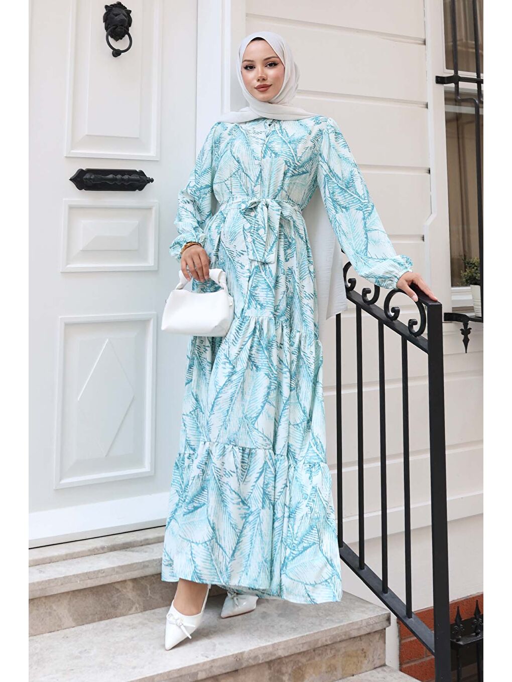 Kadın Desenli Uzun Tesettür Elbise 2586 - Yeşil-3