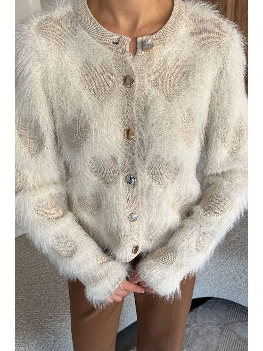 Bej Kadın Ön Düğmeli Sakallı Triko Ceket (s-m-l Uyumludur)-2