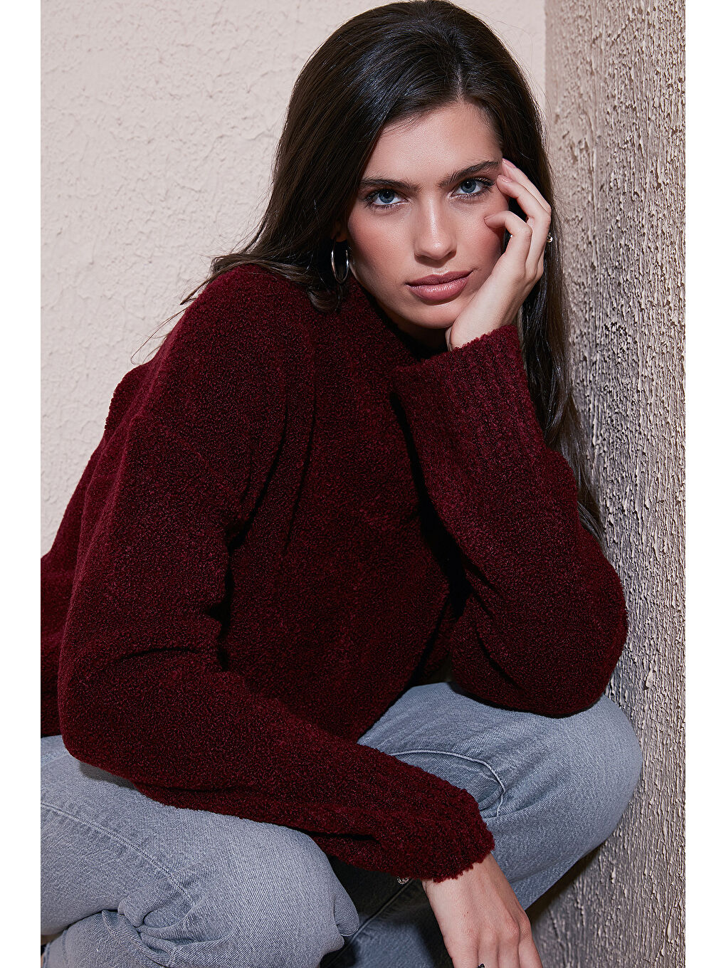 Bordo Regular Fit Dik Yaka Yumuşak Dokulu Triko Kazak 4616222-3