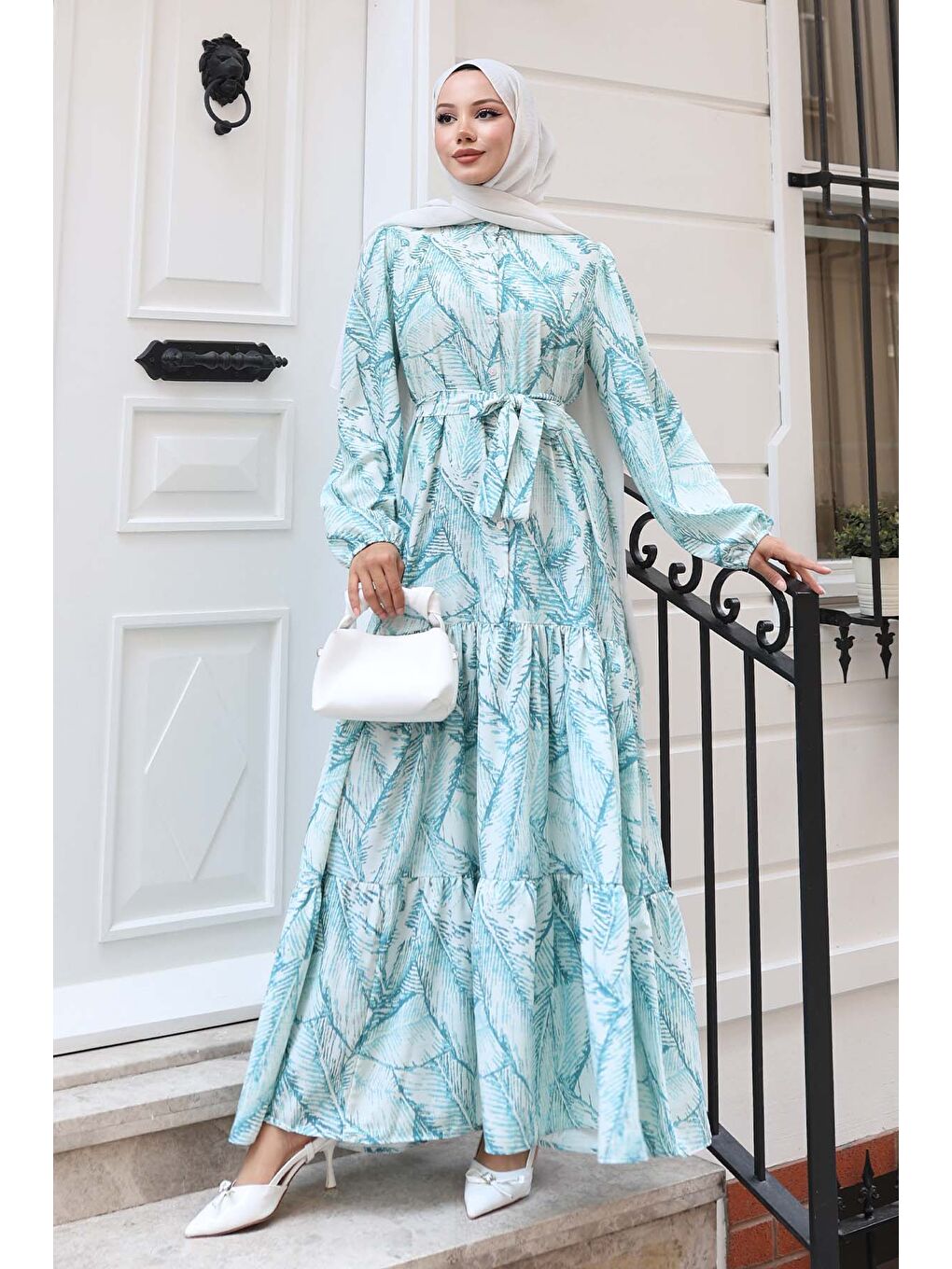 Kadın Desenli Uzun Tesettür Elbise 2586 - Yeşil-4