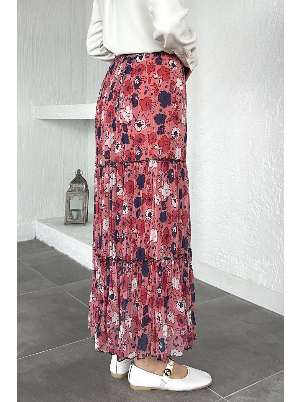 Pembe Bel Lastikli Desenli Şifon Tesettür Etek-5