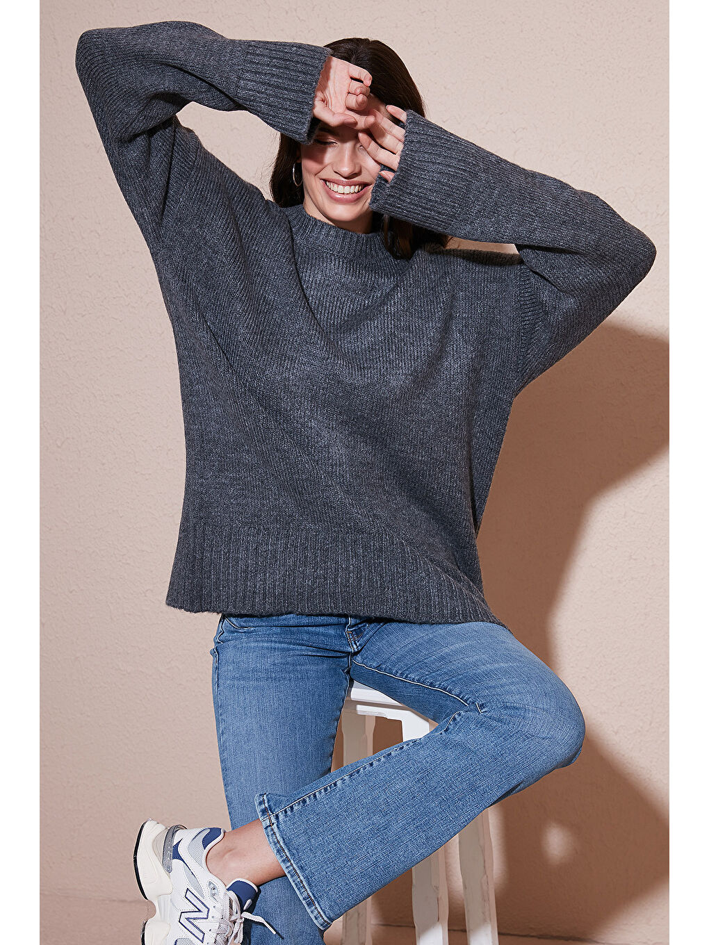 Antrasit Regular Fit Bisiklet Yaka Basic Triko Kazak 4616213-2