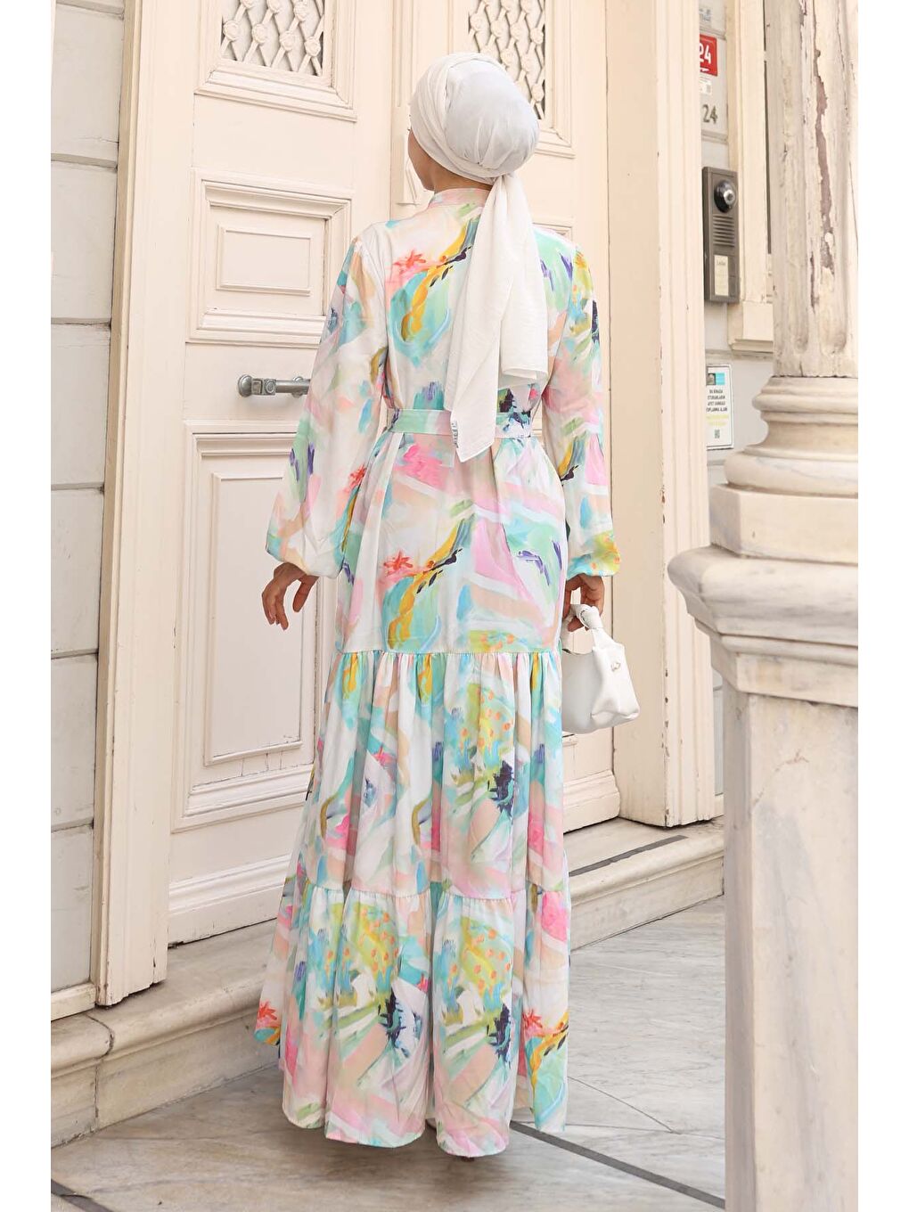 Kadın Desenli Uzun Tesettür Elbise 2586 - Turkuaz-4