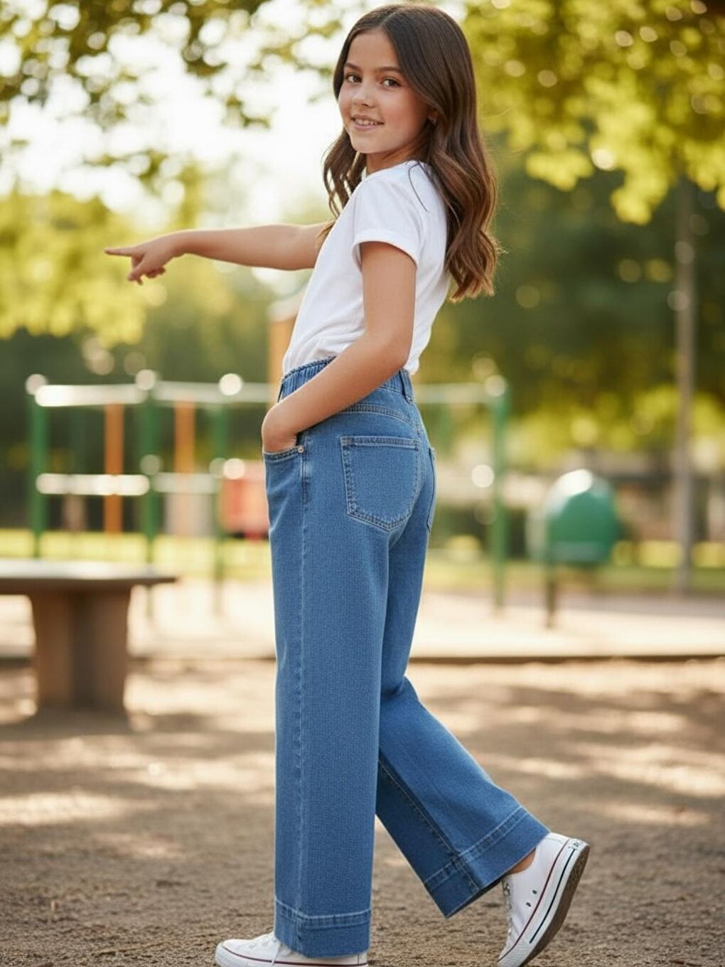 Kız Çocuk Elastanlı Mavi Mid Rise Metalik Cuffed Baggy Jean Pantolon (5-16 yaş)-1