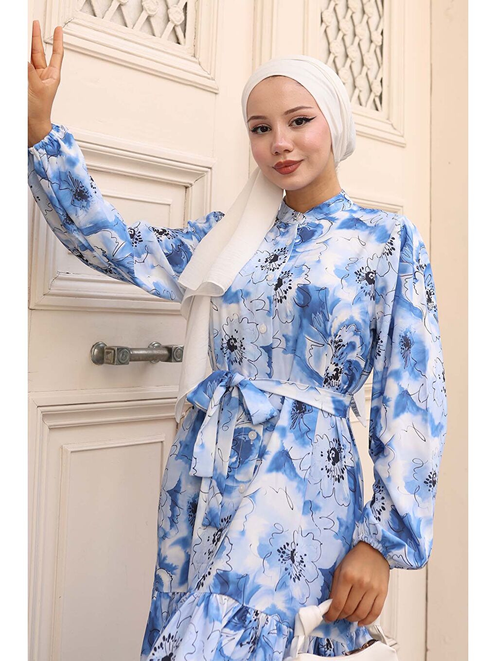 Kadın Desenli Uzun Tesettür Elbise 2586 - Mavi-1