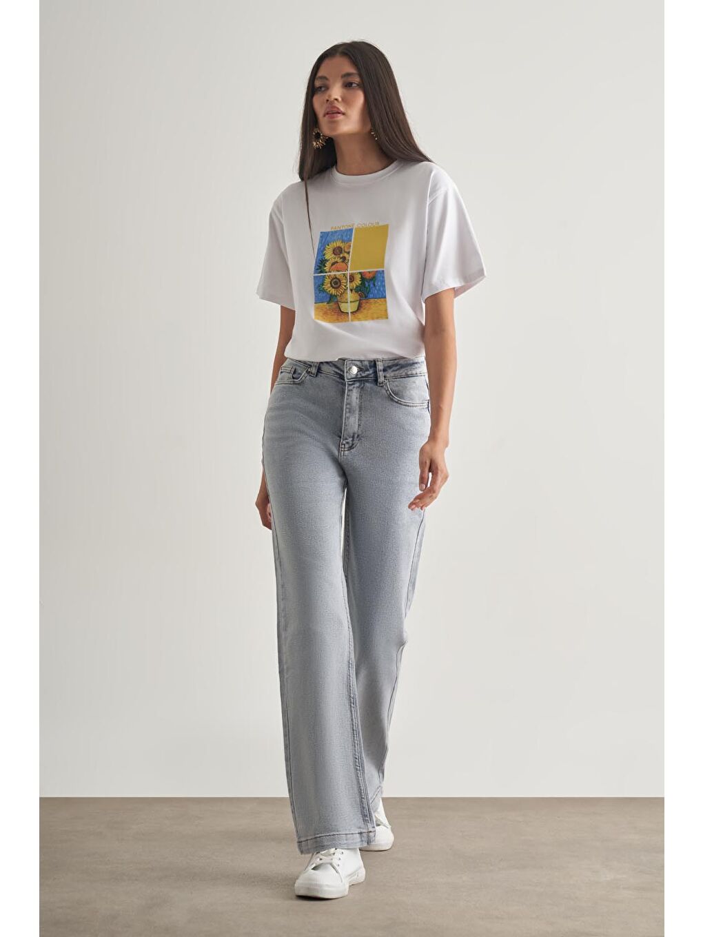 Geniş Paça Yüksek Bel Kar Mavi Denim Pantolon