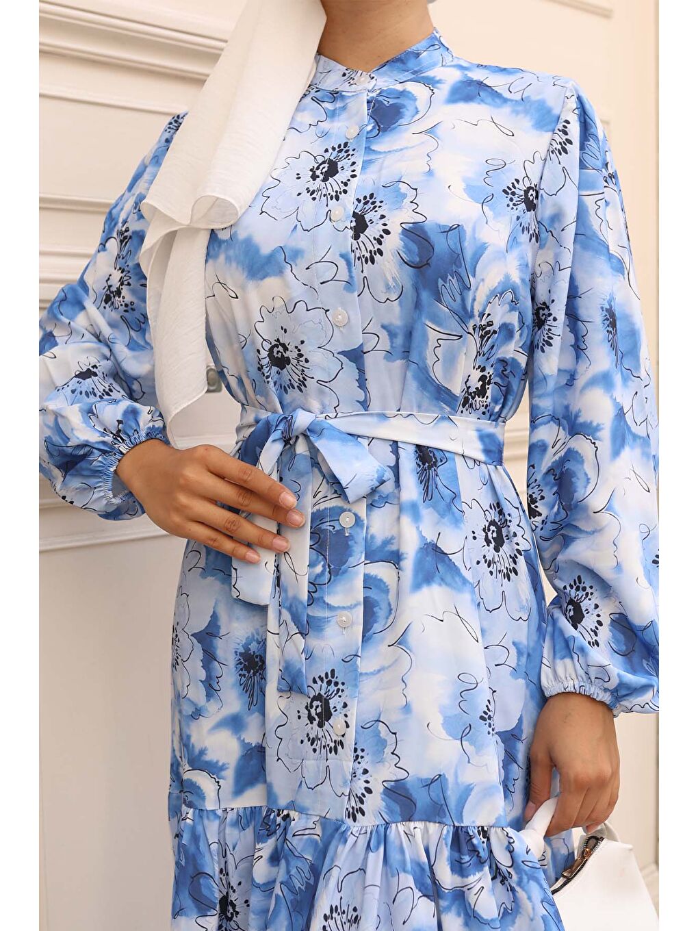 Kadın Desenli Uzun Tesettür Elbise 2586 - Mavi-2