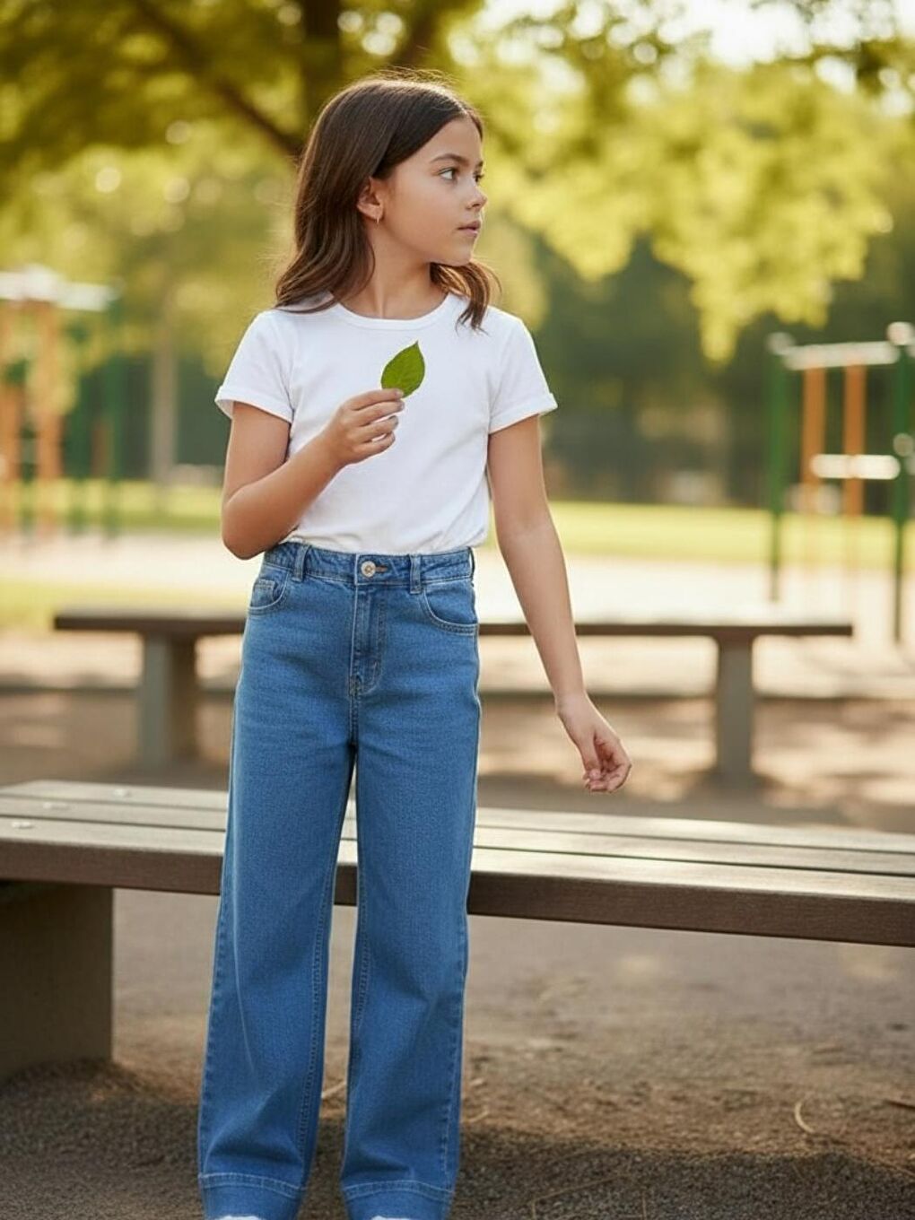 Kız Çocuk Elastanlı Mavi Mid Rise Metalik Cuffed Baggy Jean Pantolon (5-16 yaş)-2