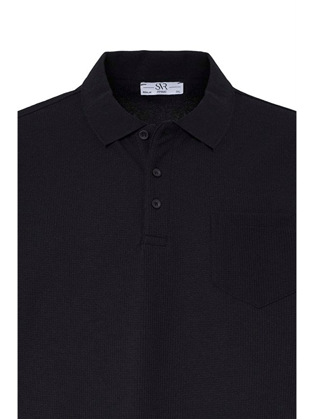 Siyah Regular Düz Baskısız Waffle Düğmeli Polo Yaka Tişört-1
