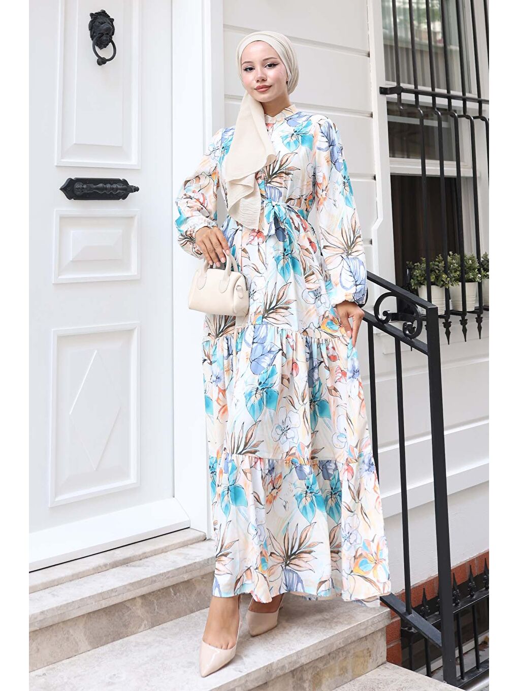 Yeşil Kadın Desenli Uzun Tesettür Elbise 2586 - Mint