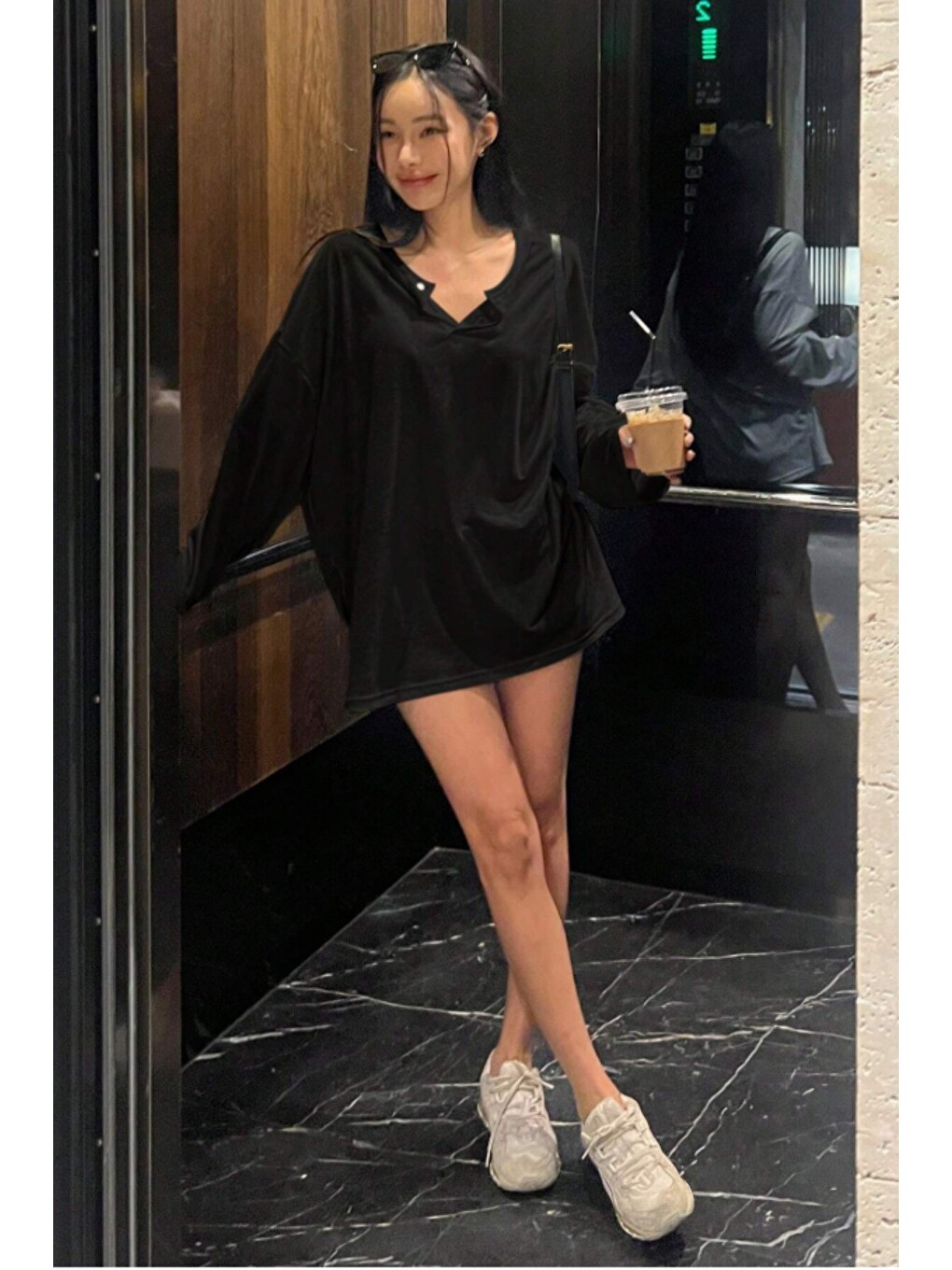 Siyah Kadın Oversize Flamlı Uzun Kollu Basic Tişört %100 Pamuk Rahat Kalıp Günlük Kullanım-2