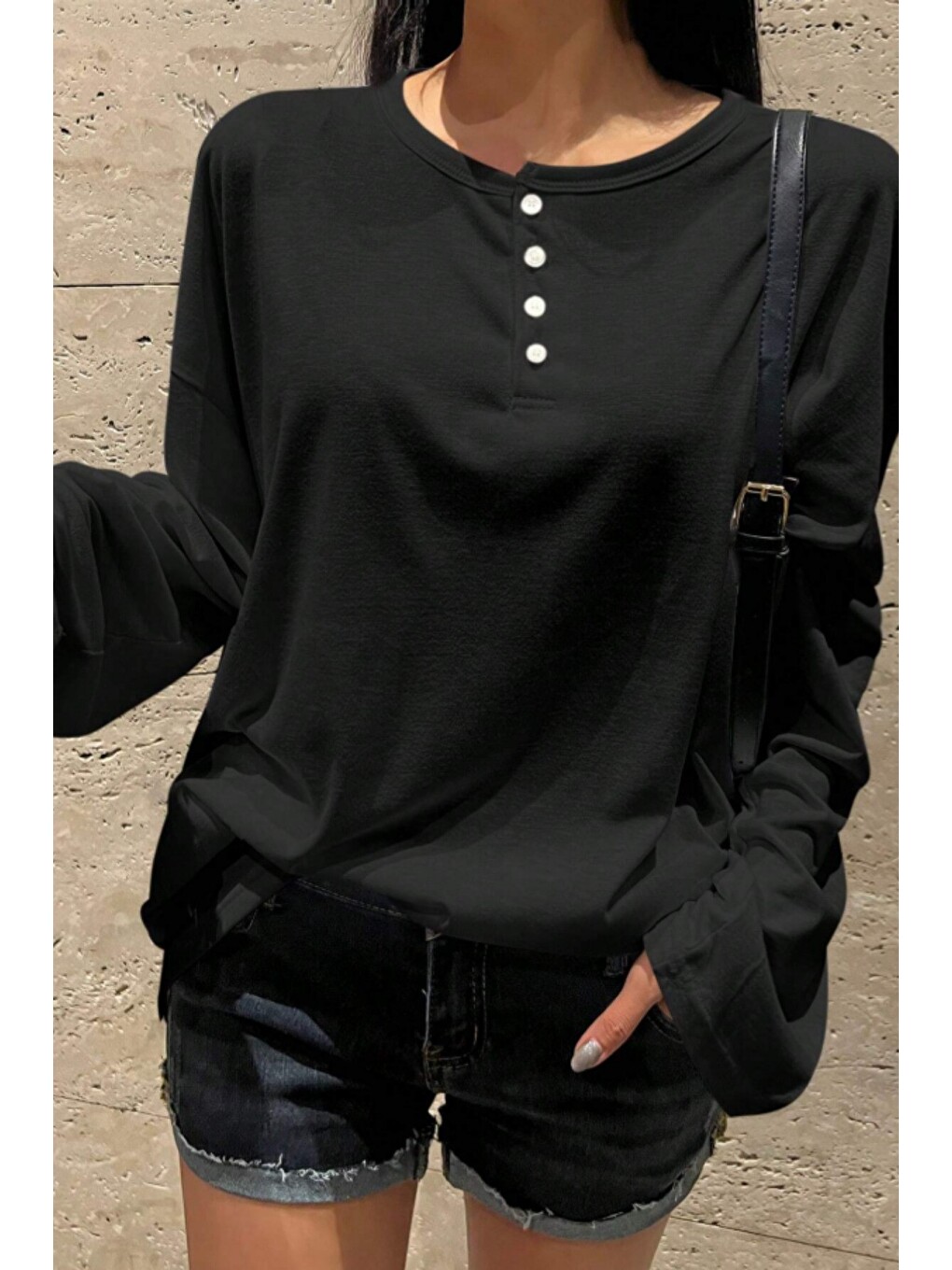 Siyah Kadın Oversize Flamlı Uzun Kollu Basic Tişört %100 Pamuk Rahat Kalıp Günlük Kullanım-3