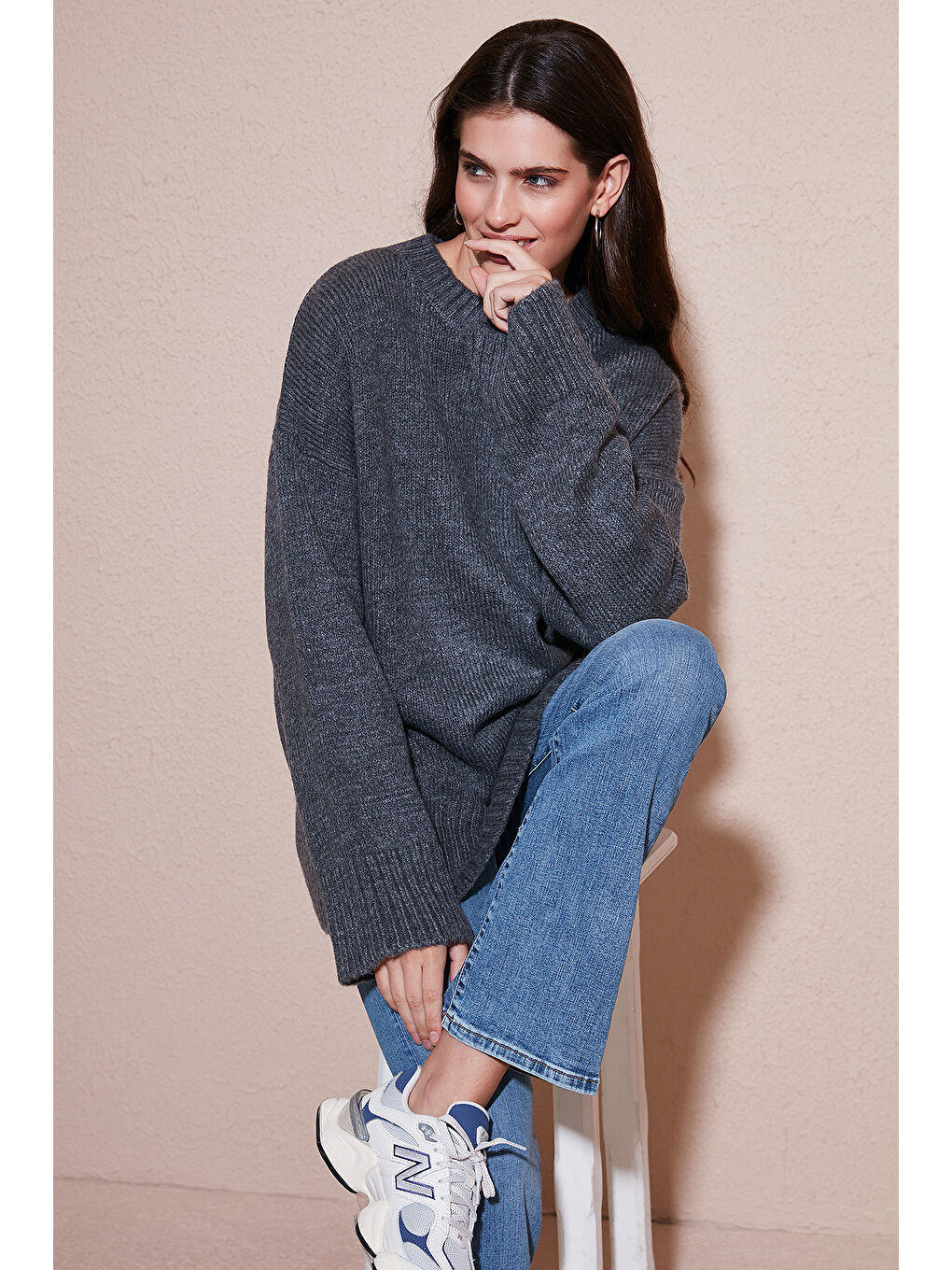 Antrasit Regular Fit Bisiklet Yaka Basic Triko Kazak 4616213-3