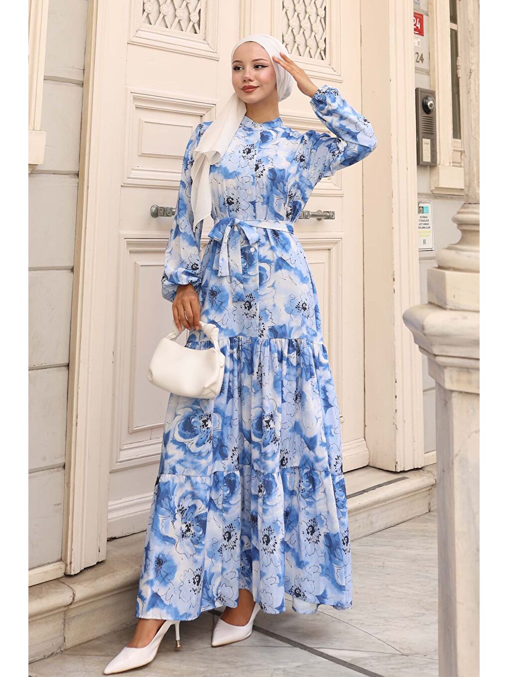 Kadın Desenli Uzun Tesettür Elbise 2586 - Mavi-3