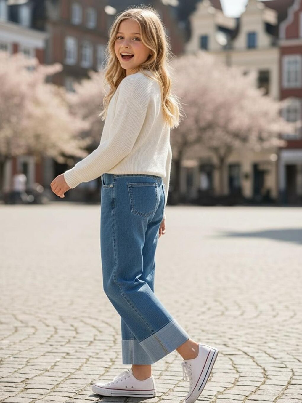 Kız Çocuk Açık Mavi Mid Rise Metalik Cuffed Baggy Jean Pantolon-1