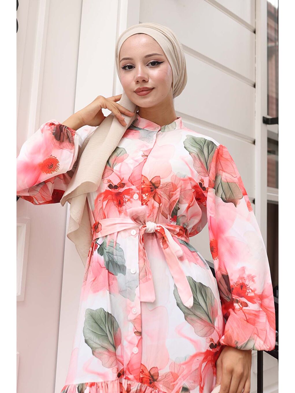 Kırmızı Kadın Desenli Uzun Tesettür Elbise 2586 - Nar-1