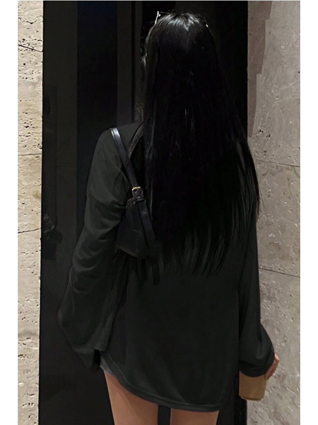 Siyah Kadın Oversize Flamlı Uzun Kollu Basic Tişört %100 Pamuk Rahat Kalıp Günlük Kullanım-6