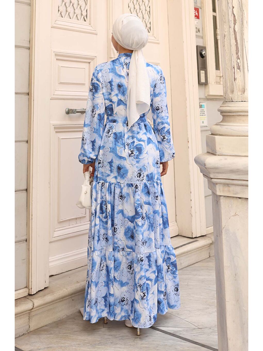 Kadın Desenli Uzun Tesettür Elbise 2586 - Mavi-4