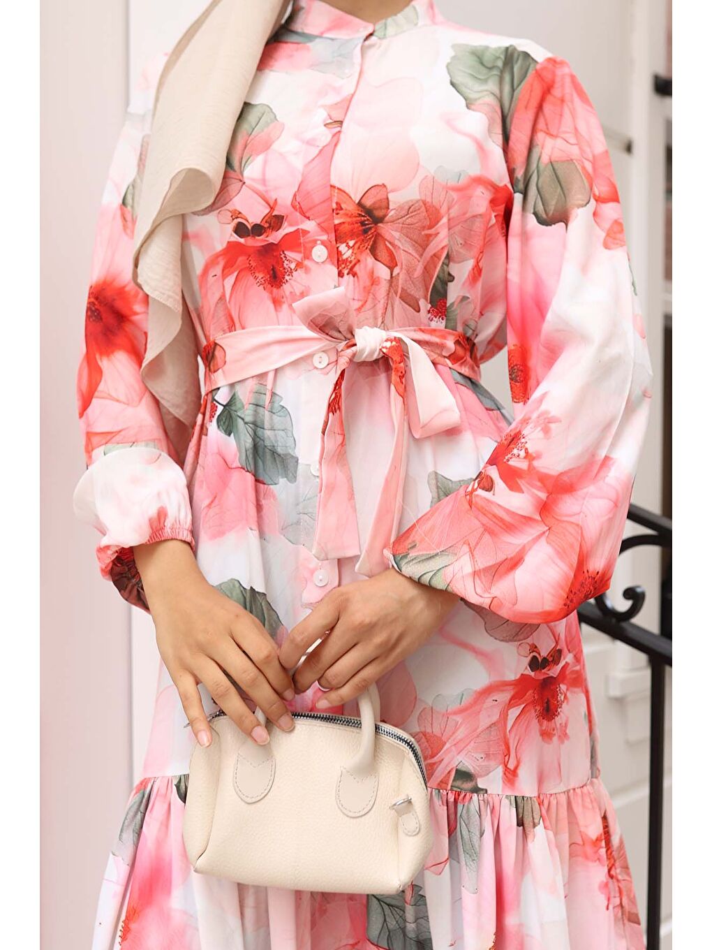 Kırmızı Kadın Desenli Uzun Tesettür Elbise 2586 - Nar-2