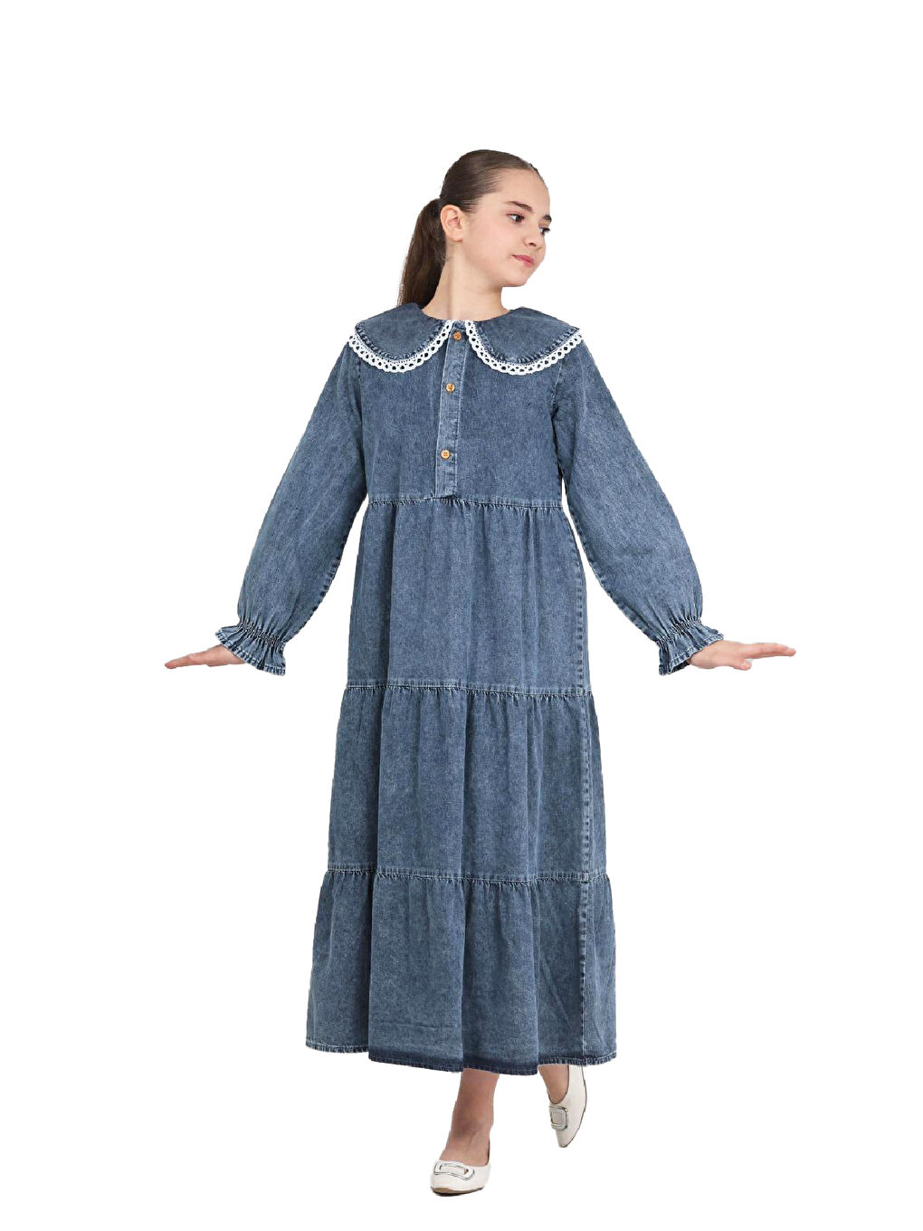 Mavi Kız Çocuk Geniş Yakalı ve Yaka Uçları Dantel Detaylı Uzun Jean Elbise 12468
