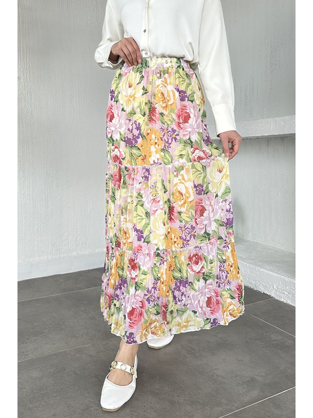 Yeşil Bel Lastikli Desenli Şifon Tesettür Etek-2