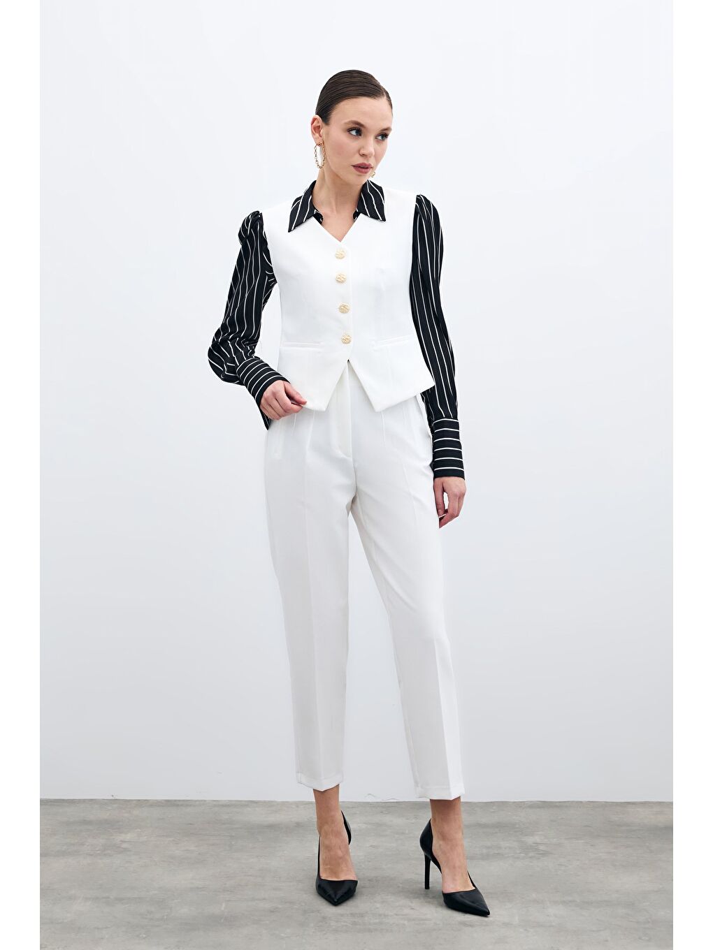 Yüksek Bel Pensli Pantolon - Ekru-1