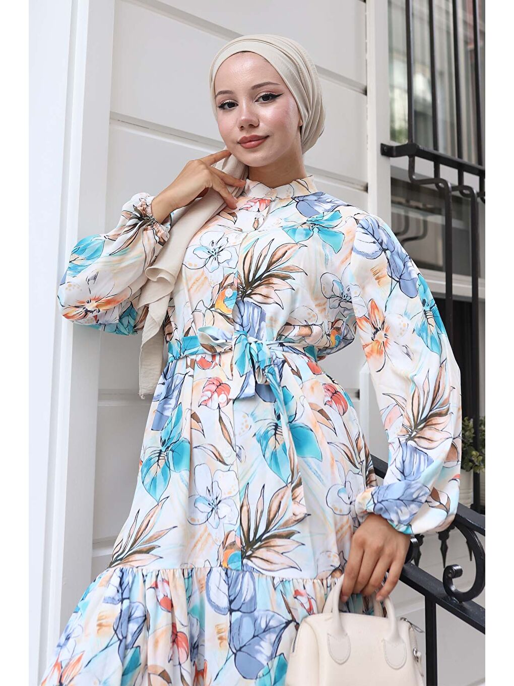 Yeşil Kadın Desenli Uzun Tesettür Elbise 2586 - Mint-1