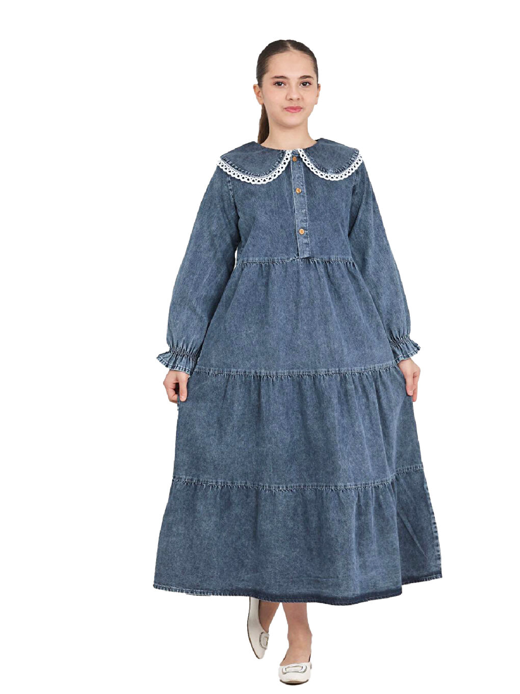 Mavi Kız Çocuk Geniş Yakalı ve Yaka Uçları Dantel Detaylı Uzun Jean Elbise 12468-1