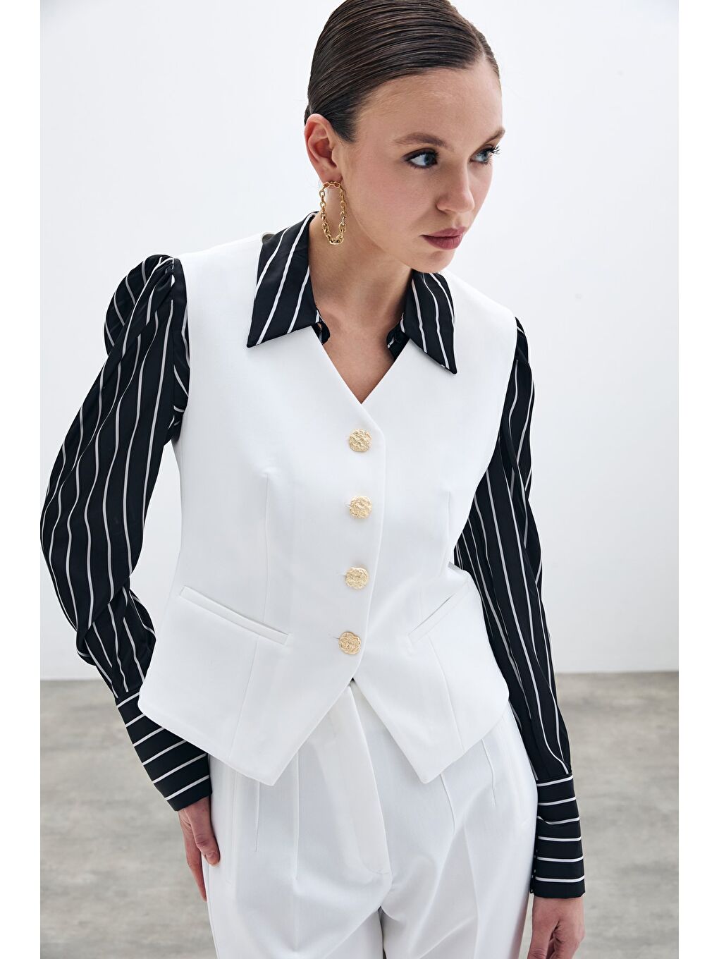 Yüksek Bel Pensli Pantolon - Ekru-2