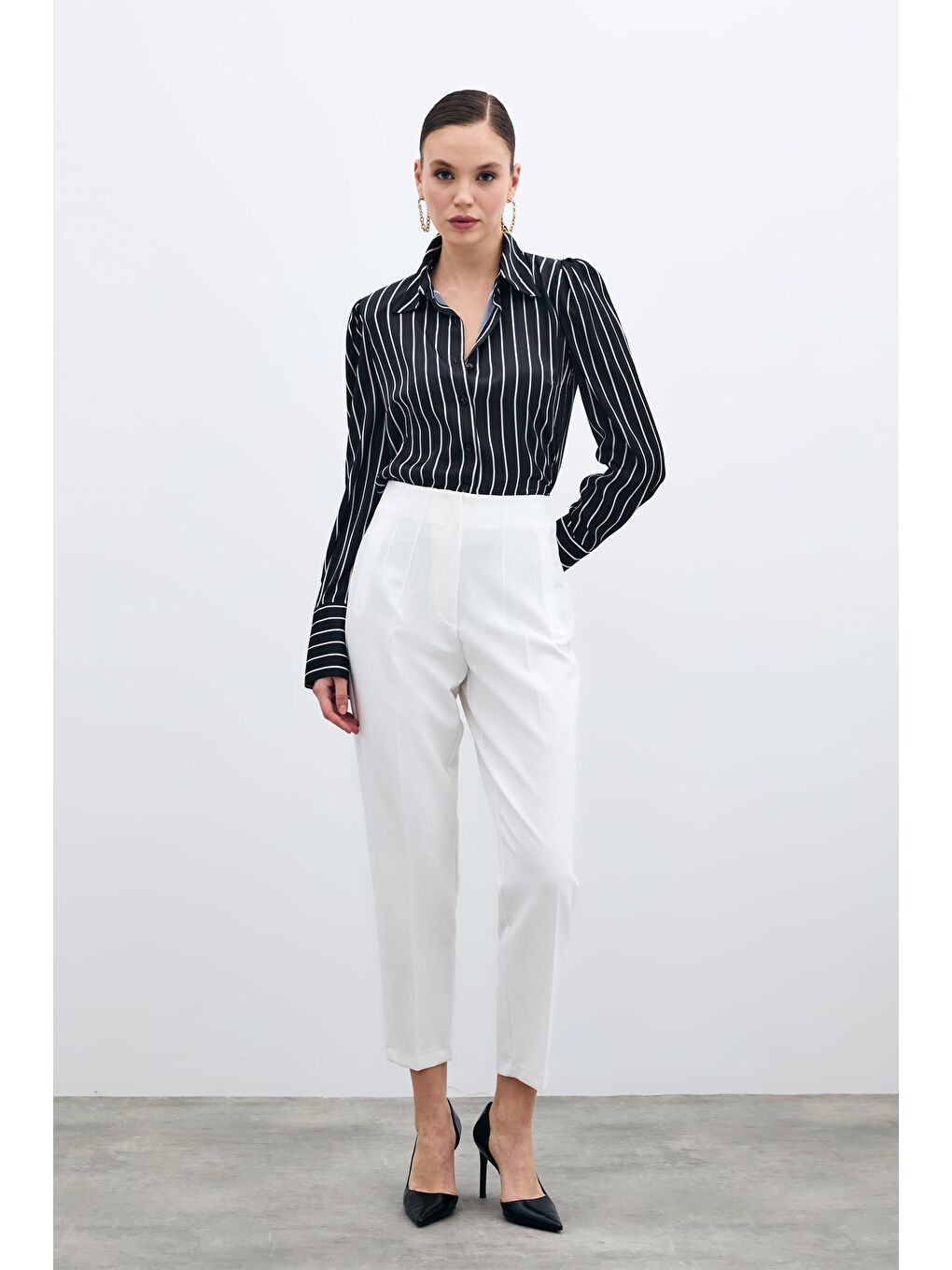 Yüksek Bel Pensli Pantolon - Ekru-3