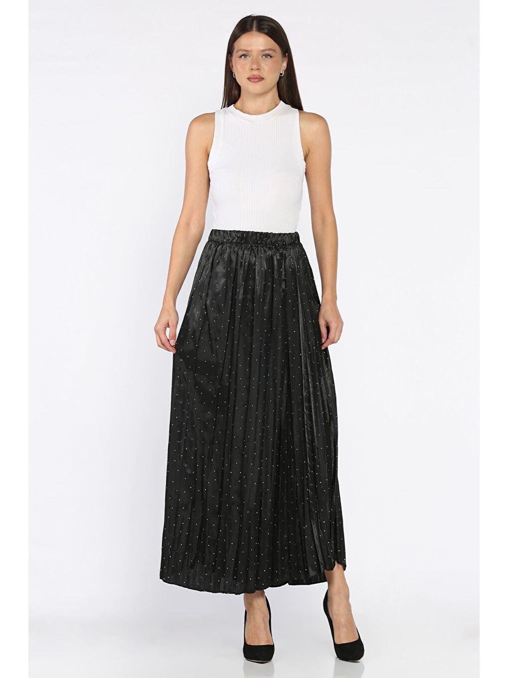 Siyah Bel Lastikli Taşlı Etek-1