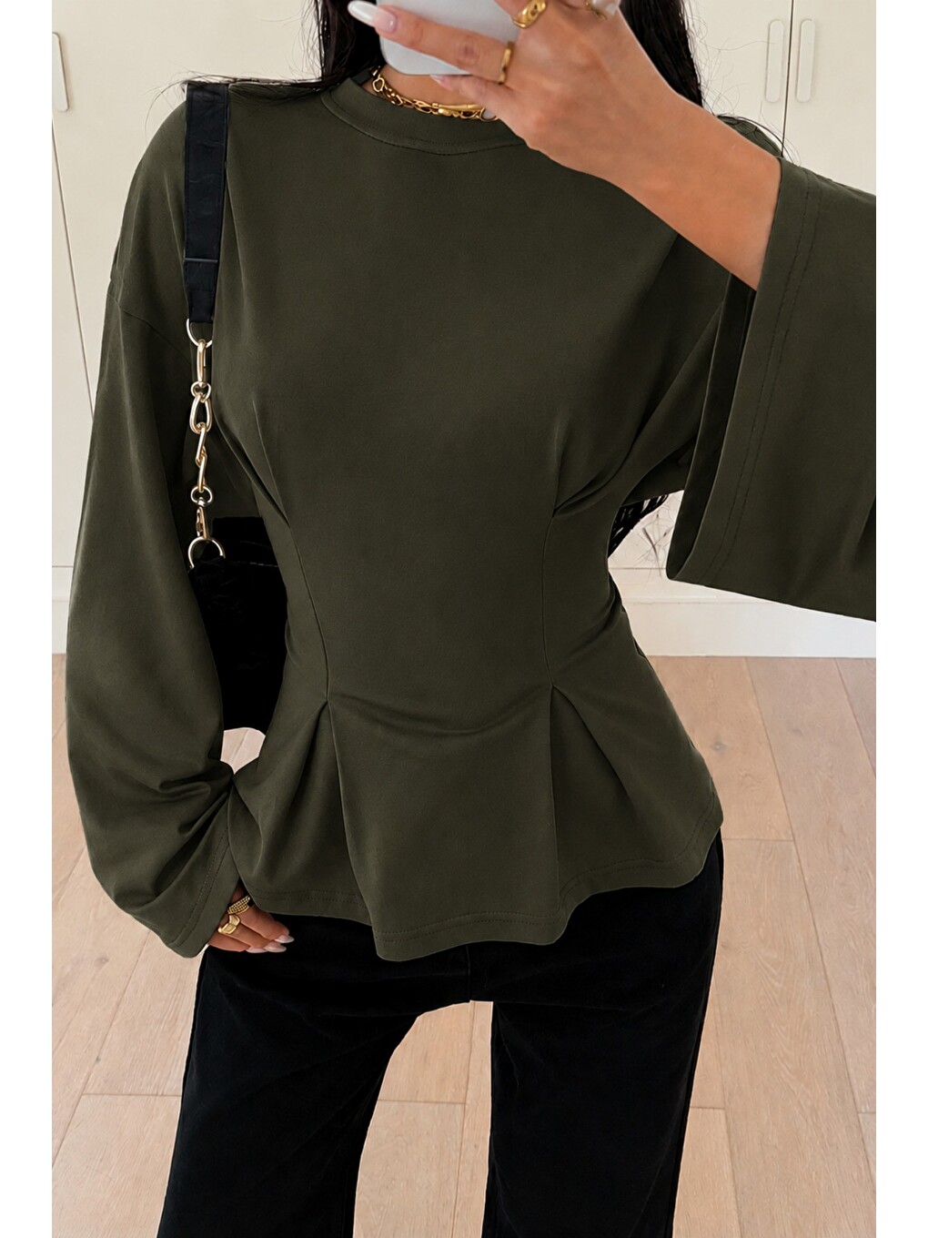 Haki Kadın Pilet Bel Oturtmalı Peplum Detaylı Uzun Kollu Bluz