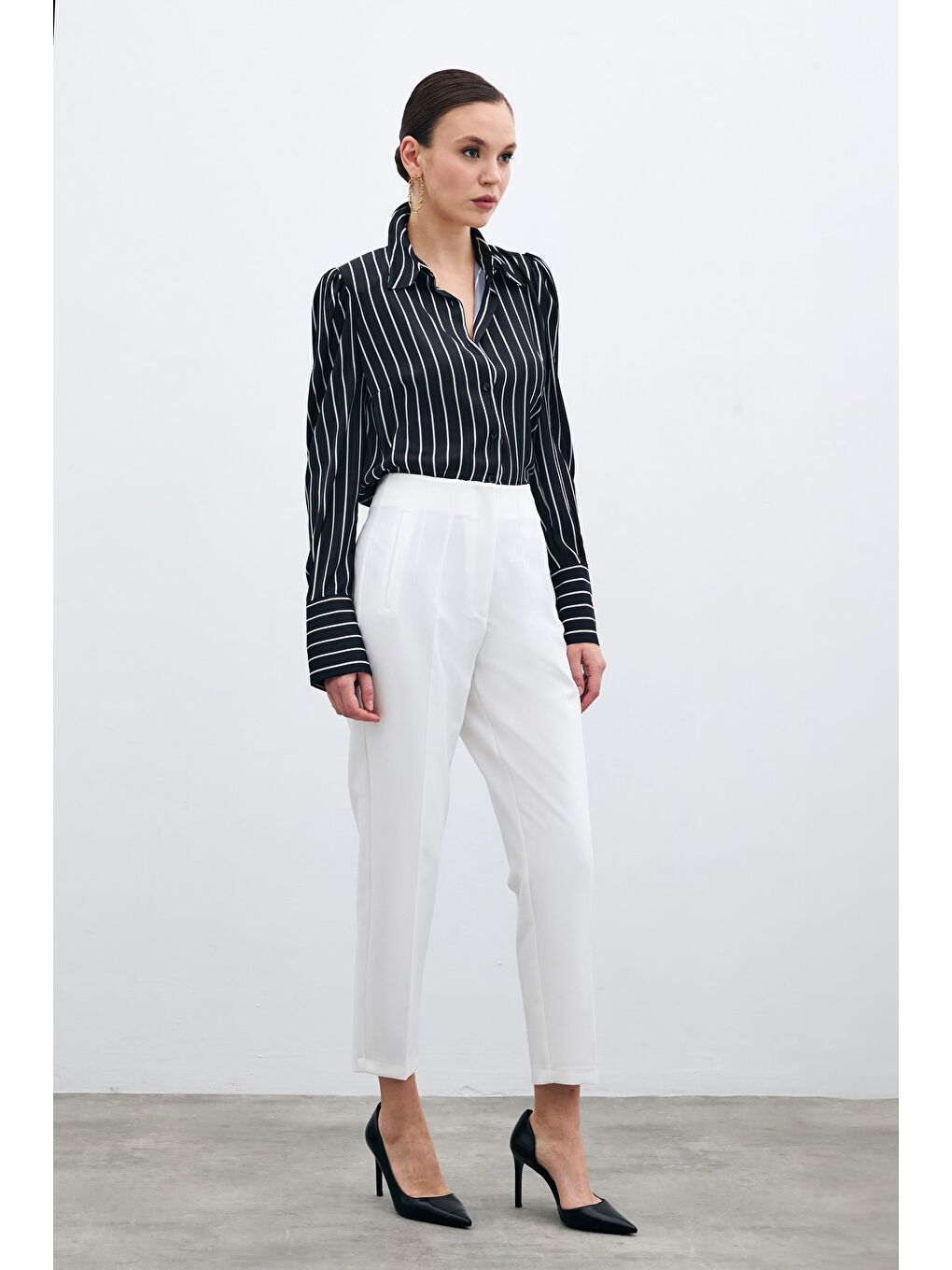 Yüksek Bel Pensli Pantolon - Ekru-4