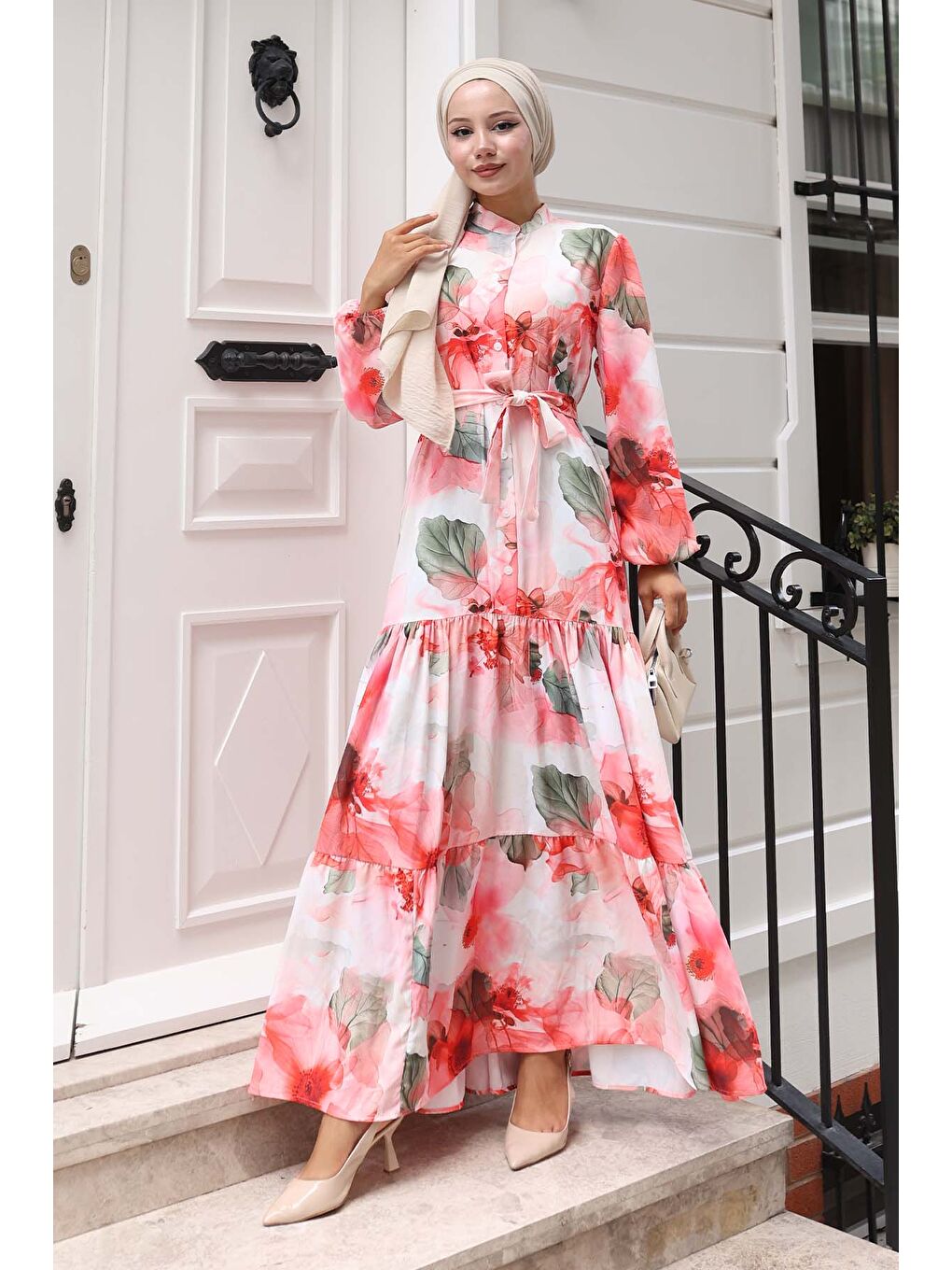 Kırmızı Kadın Desenli Uzun Tesettür Elbise 2586 - Nar-3