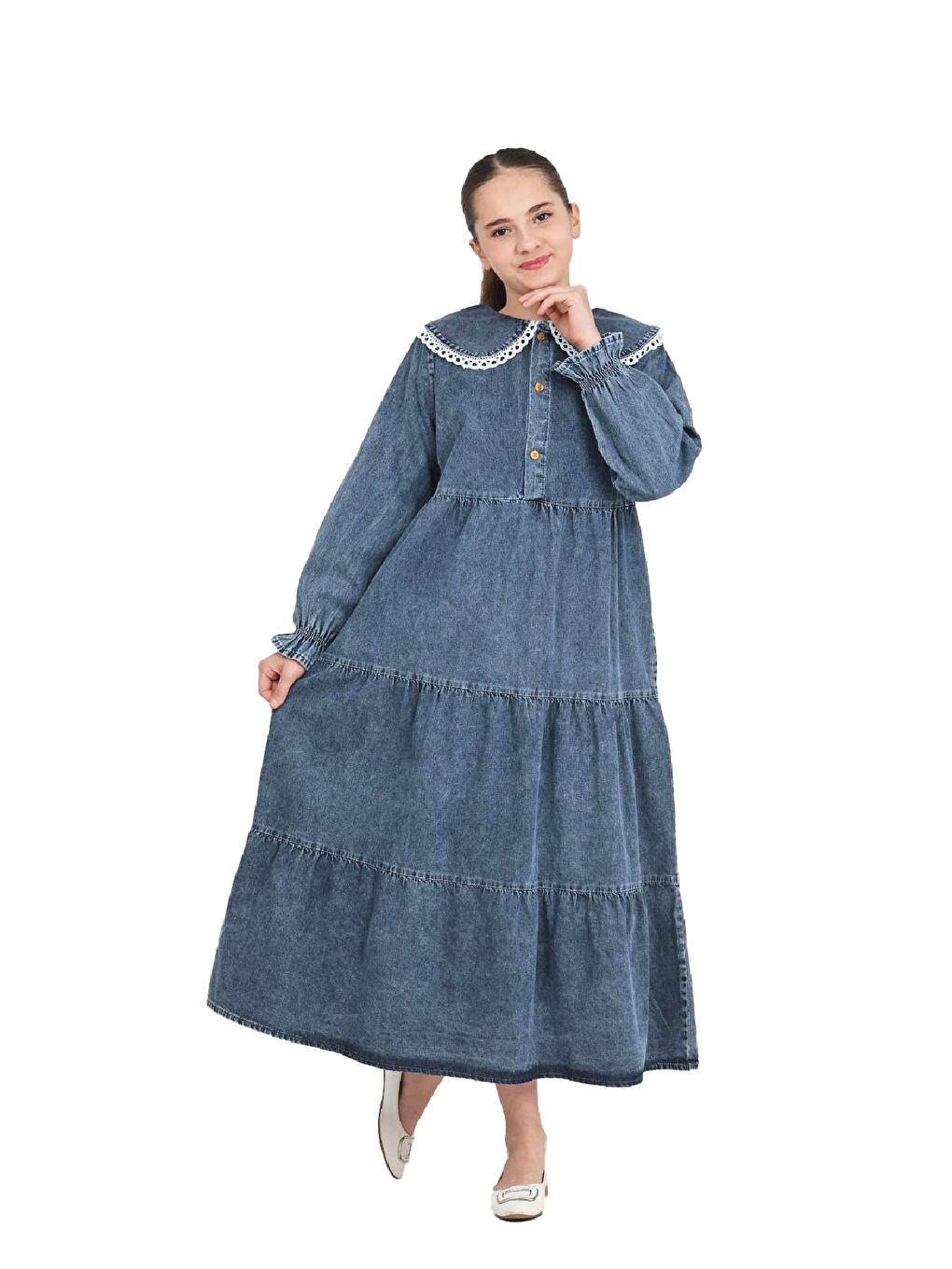 Mavi Kız Çocuk Geniş Yakalı ve Yaka Uçları Dantel Detaylı Uzun Jean Elbise 12468-3