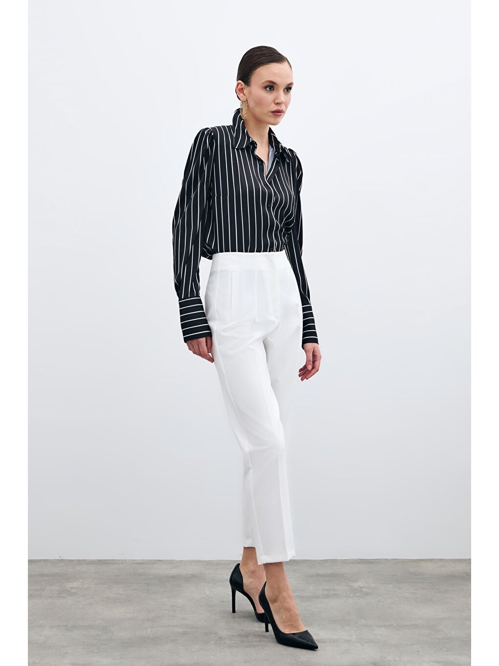 Yüksek Bel Pensli Pantolon - Ekru-5