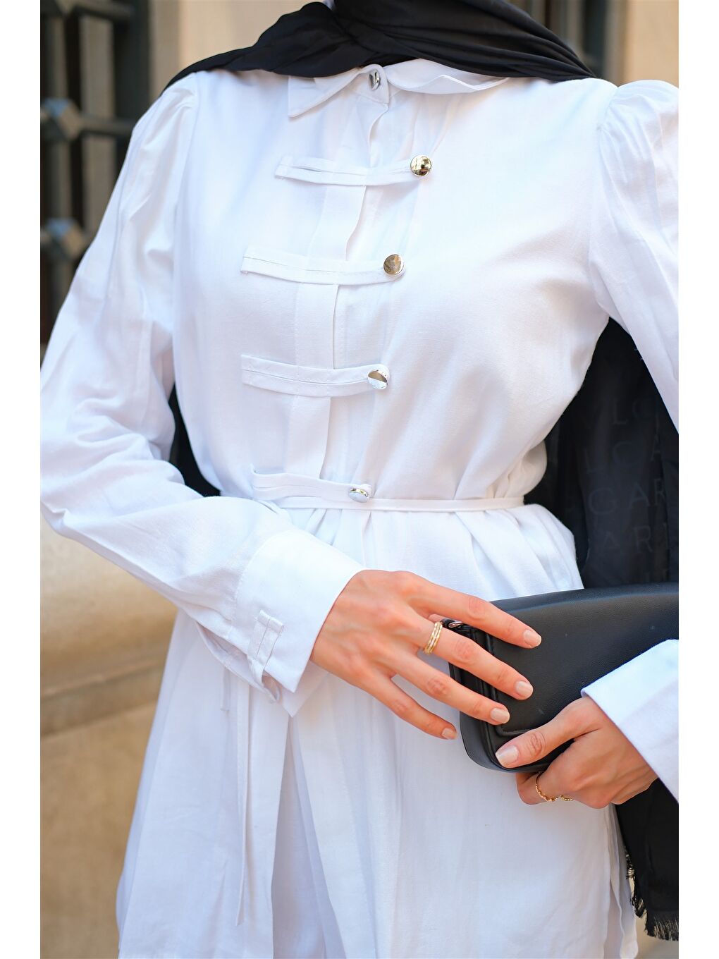 Kadın Düğme Detay Takım Beyaz-3