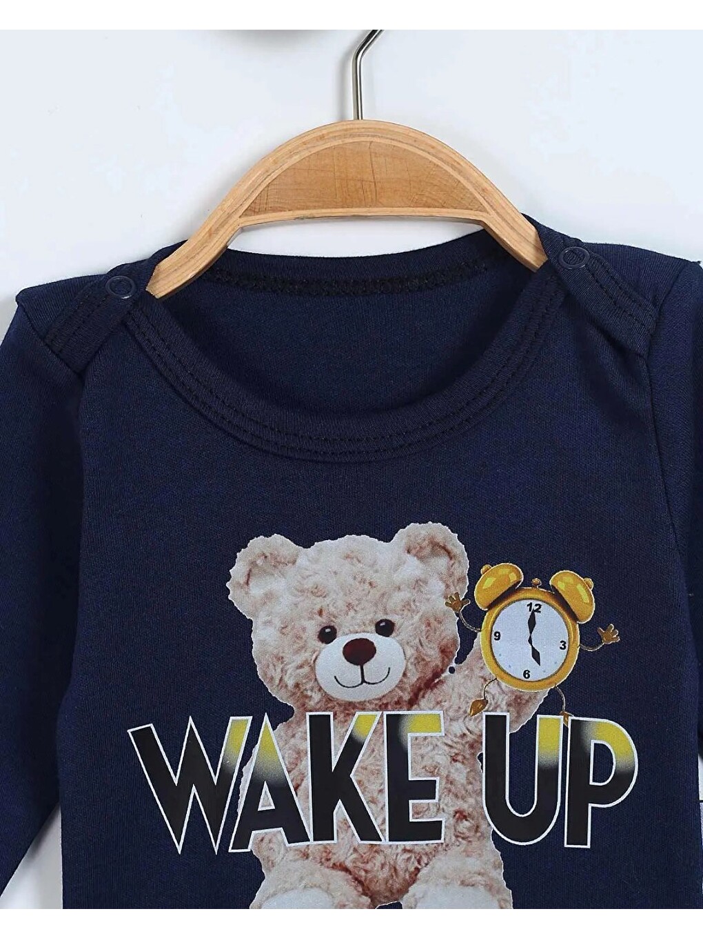 Lacivert Uzun Kollu Wake Up Ayıcık Baskılı %100 Pamuk Çıtçıtlı Body-1