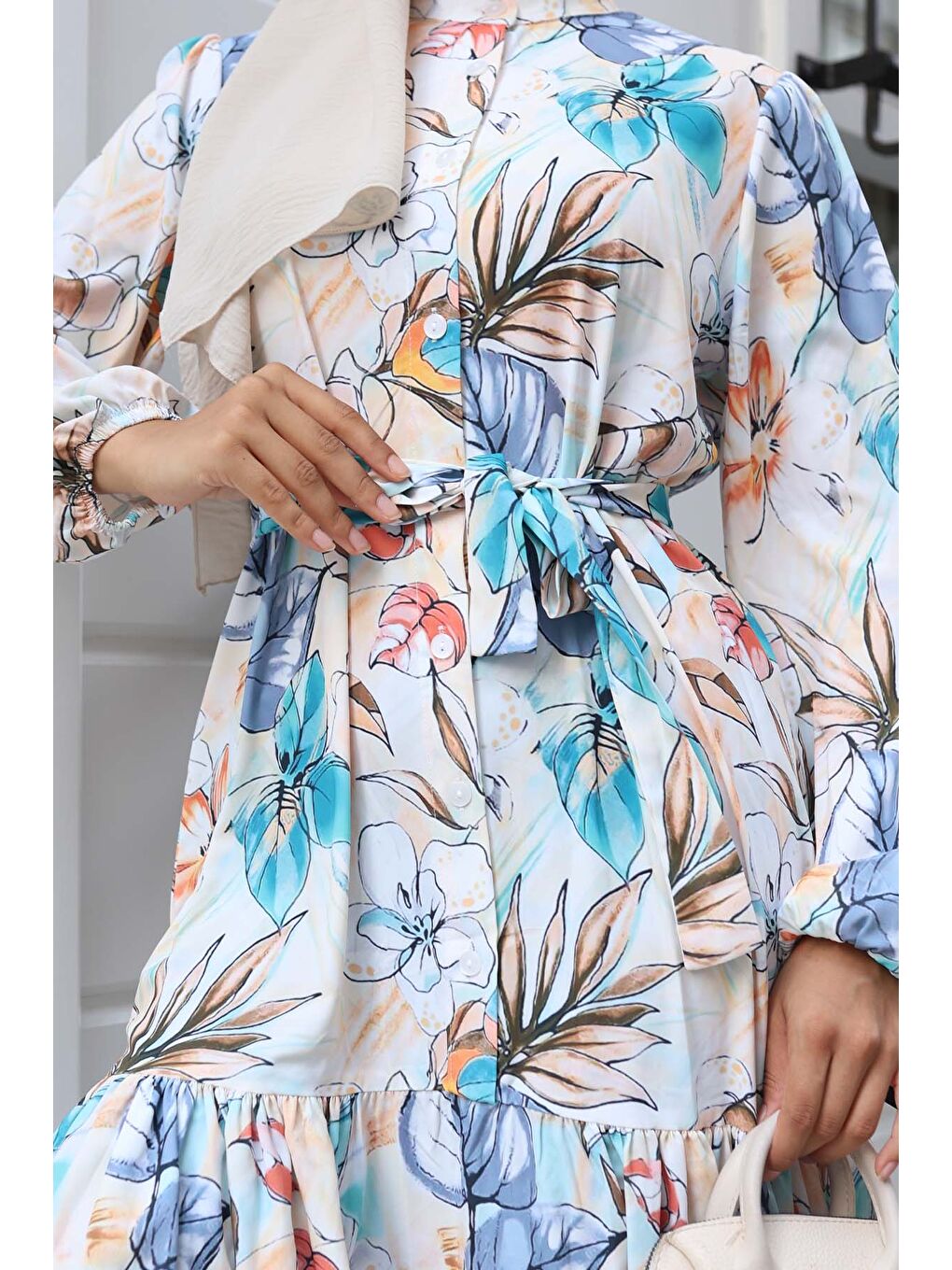 Yeşil Kadın Desenli Uzun Tesettür Elbise 2586 - Mint-2