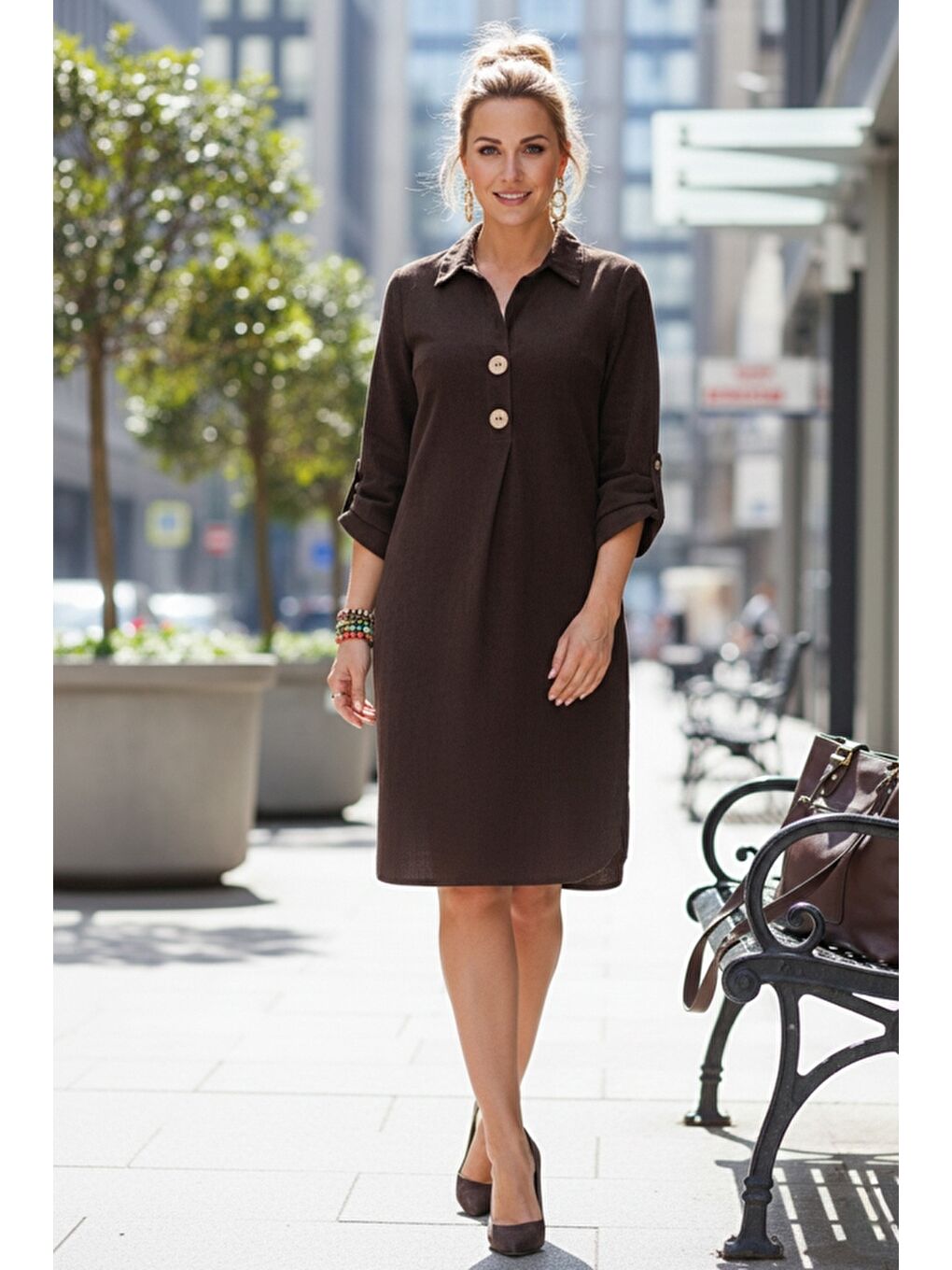 Kahverengi Gömlek Yaka Düğmeli Uzun Kollu Cepli Casual Kadife Dokuma Elbise 100 60-2