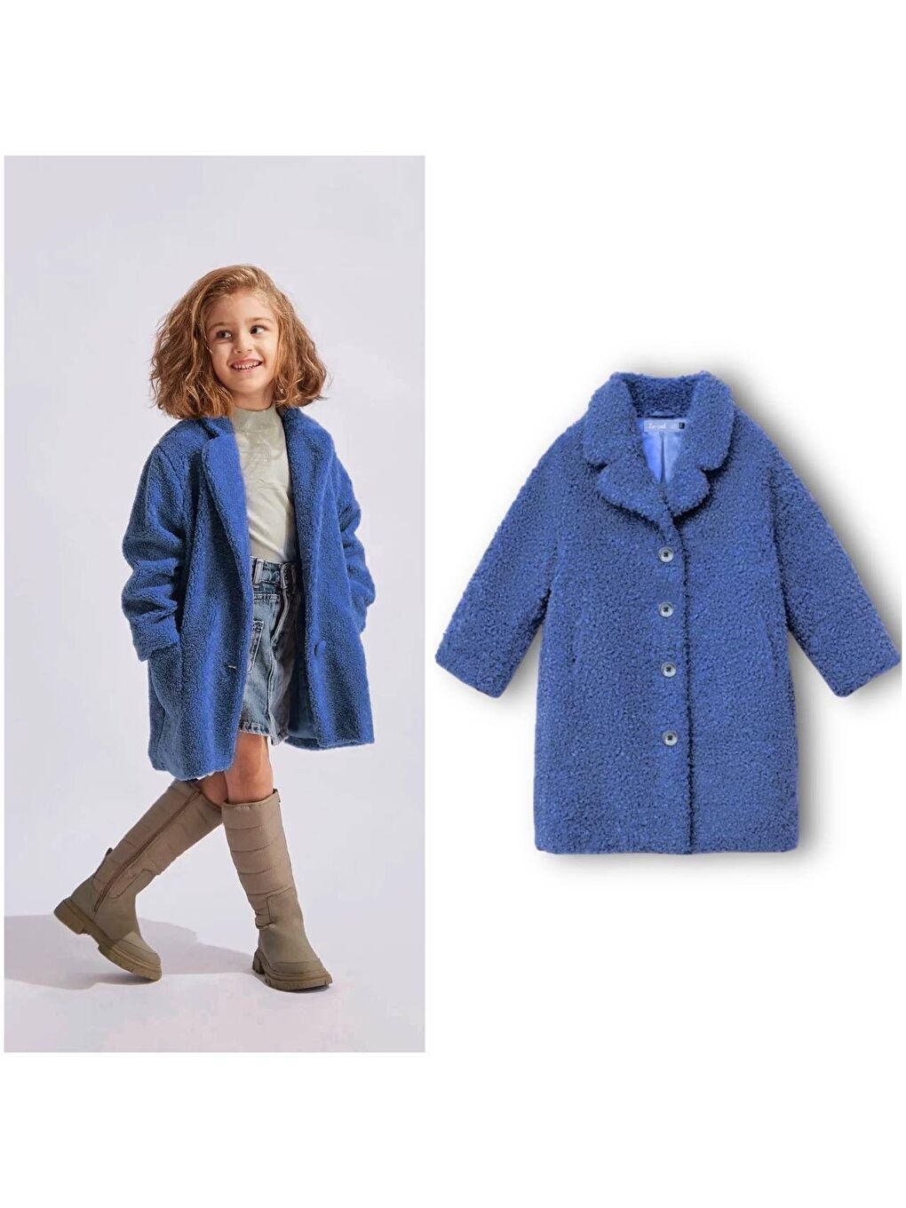 Kız Çocuk Pamuklu Mavi Pelüş Kürk Mont - Düğmeli, Yumuşak Dokulu, Astarlı-2