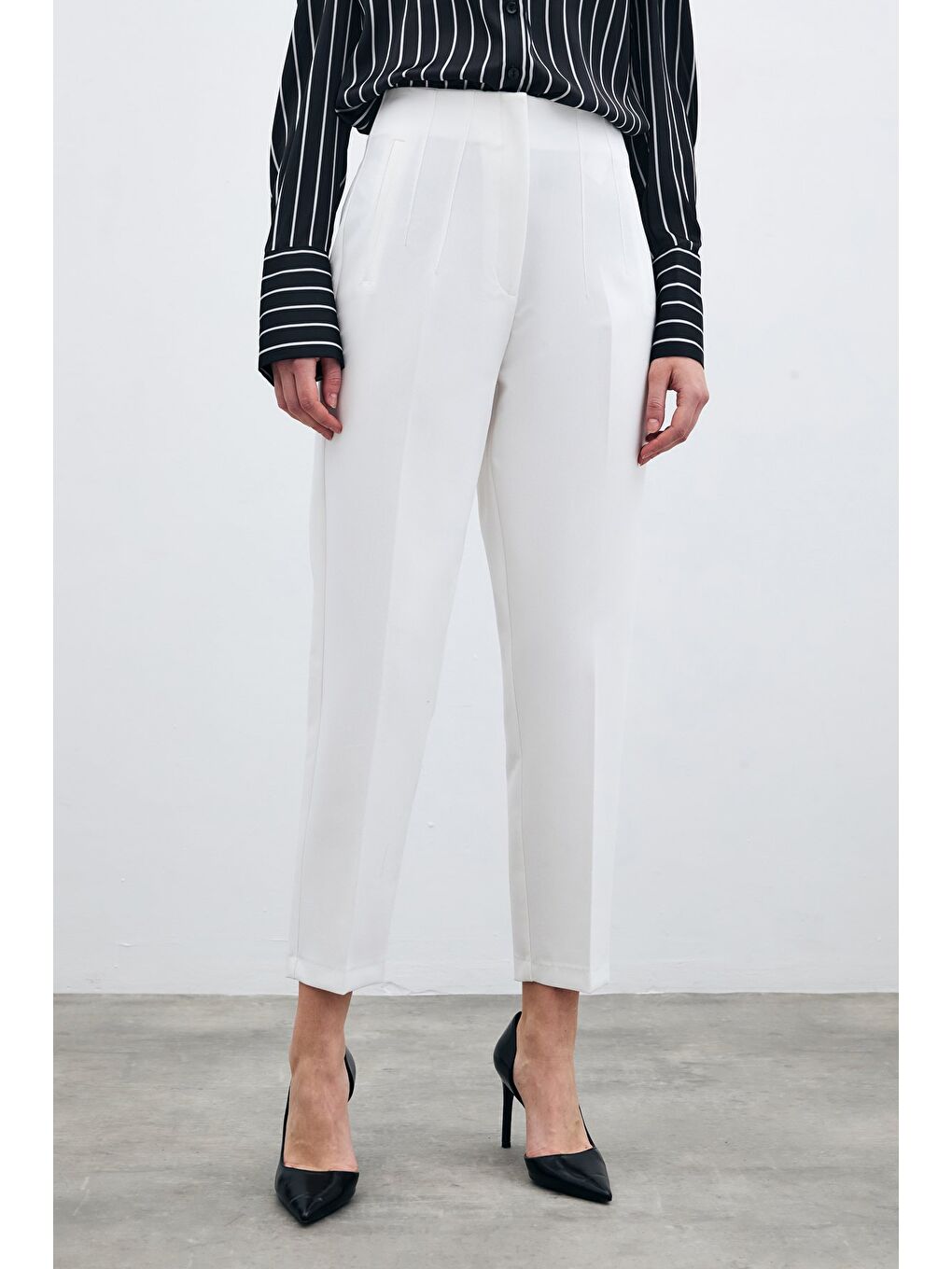 Yüksek Bel Pensli Pantolon - Ekru-6